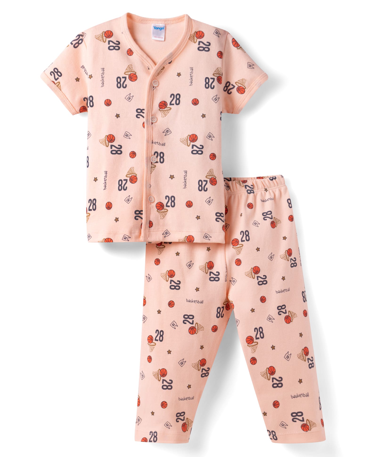 Tango Interlock Knit Half Sleeves Co-Ord T-Shirt & Pyjama Night-Suit With Basketball Print - Peach-picture-12