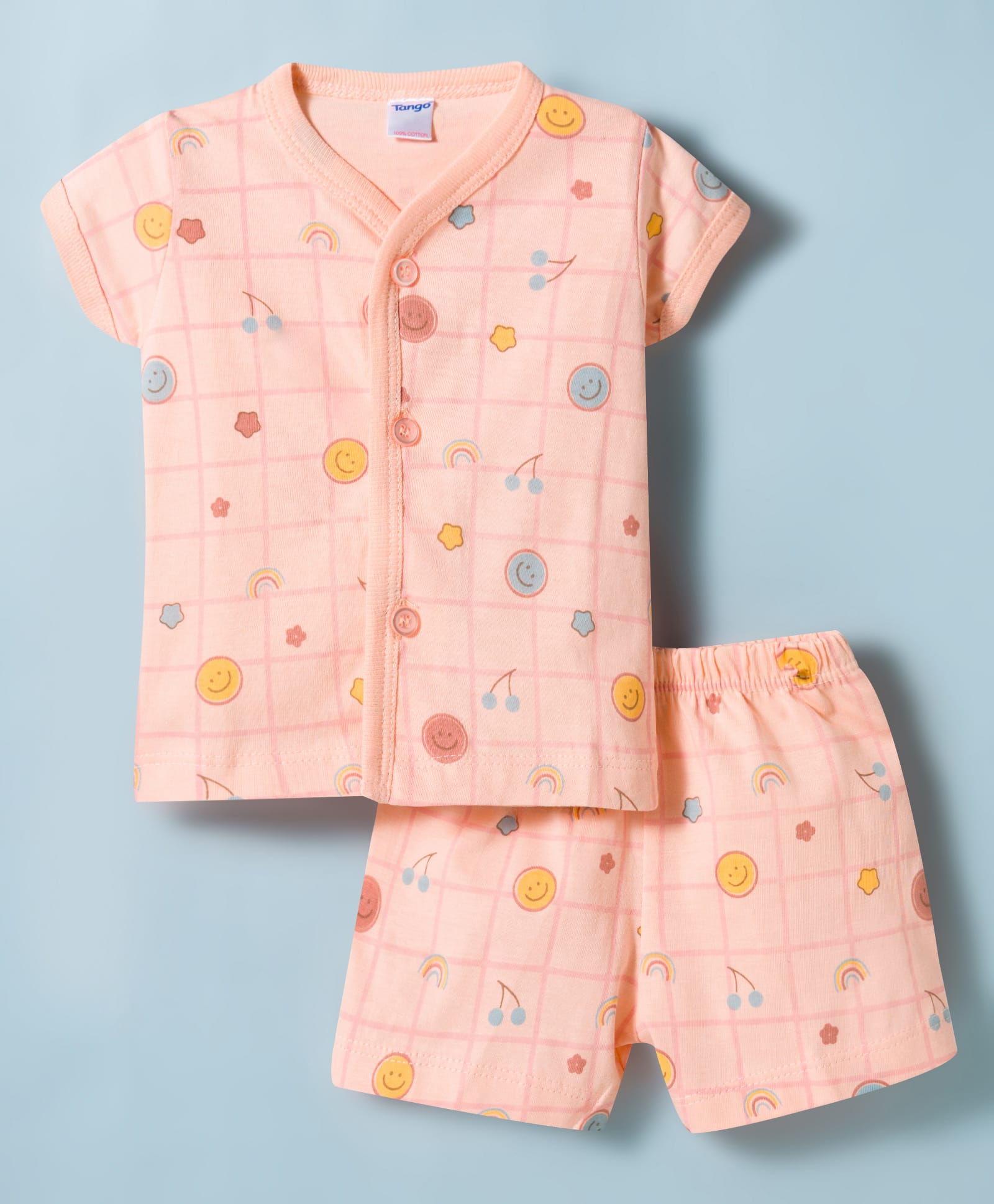 Tango Single Jersey Knit Half Sleeves Co-Ord T-Shirt & Shorts Printed Night-Suit - Peach-image-21