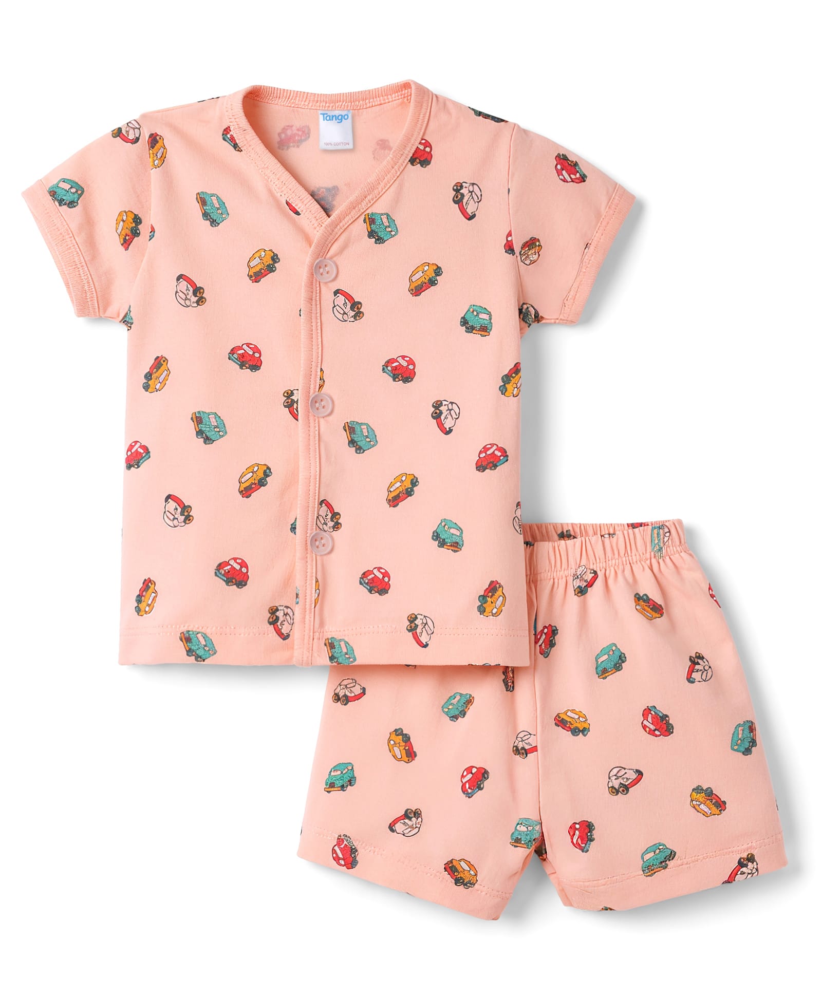 Tango Single Jersey Knit Half Sleeves Co-Ord T-Shirt & Shorts Night-Suit With Car Print - Peach-image-40