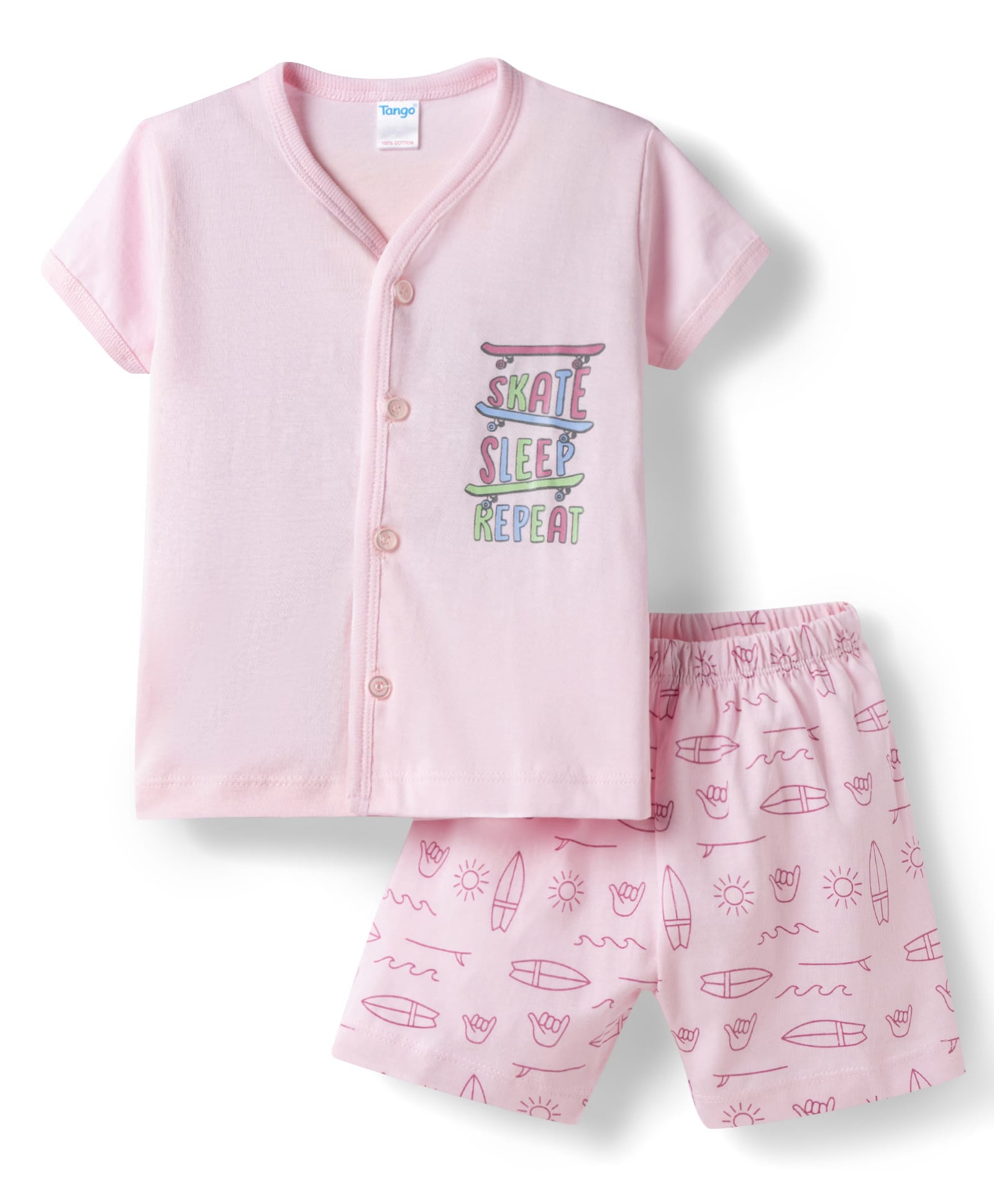 Tango Single Jersey Knit Half Sleeves T-Shirt & Shorts Night-Suit With Text & Beach Theme Print - Pink-picture-39