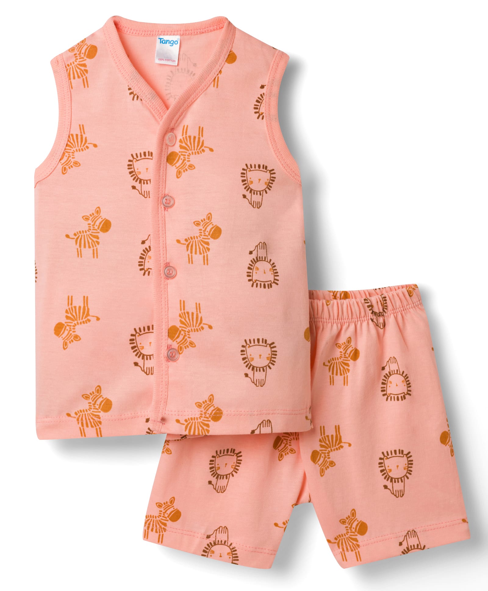 Tango Single Jersey Knit Sleeveless Co-Ord T-Shirt & Shorts Night-Suit With Zebra & Lion Print - Peach-image-32