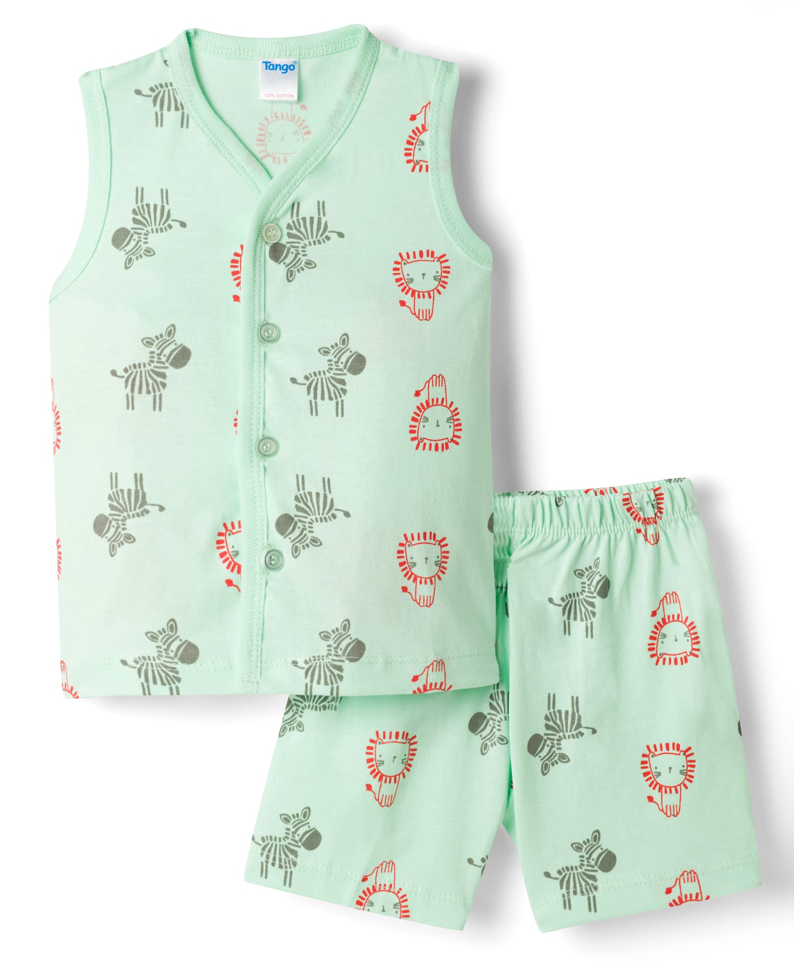 Tango Single Jersey Knit Sleeveless Co-Ord T-Shirt & Shorts Night-Suit With Zebra & Lion Print - Green-image-18