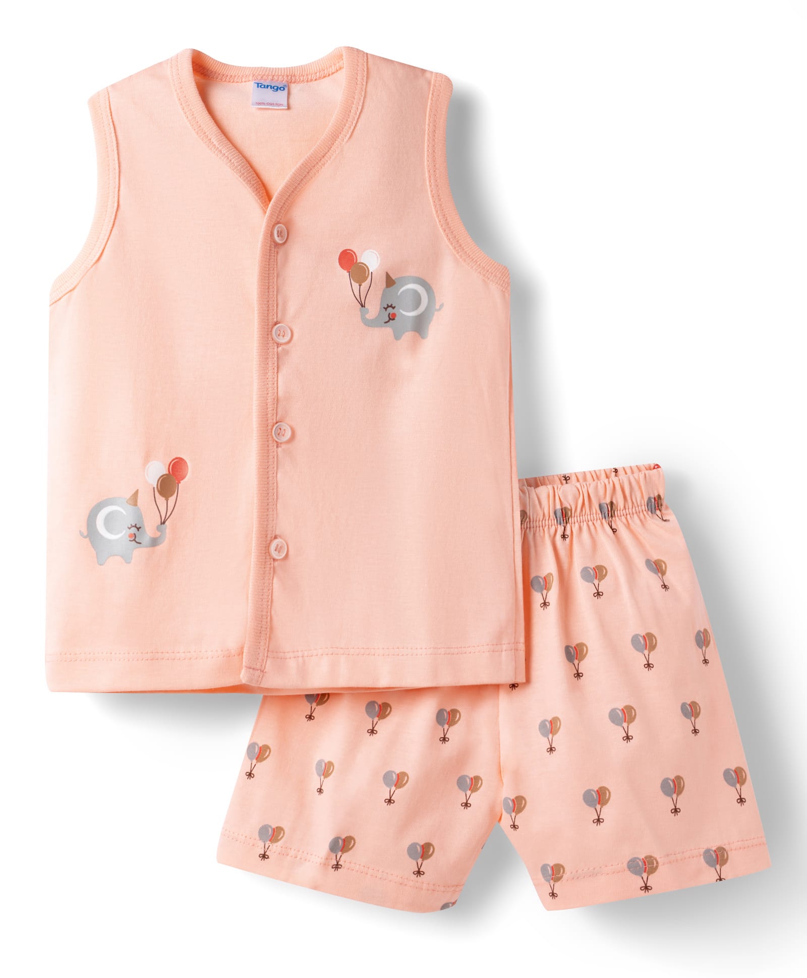 Tango Single Jersey Knit Sleeveless T-Shirt & Shorts Night-Suit With Elephant & Balloon Print - Peach-image-44
