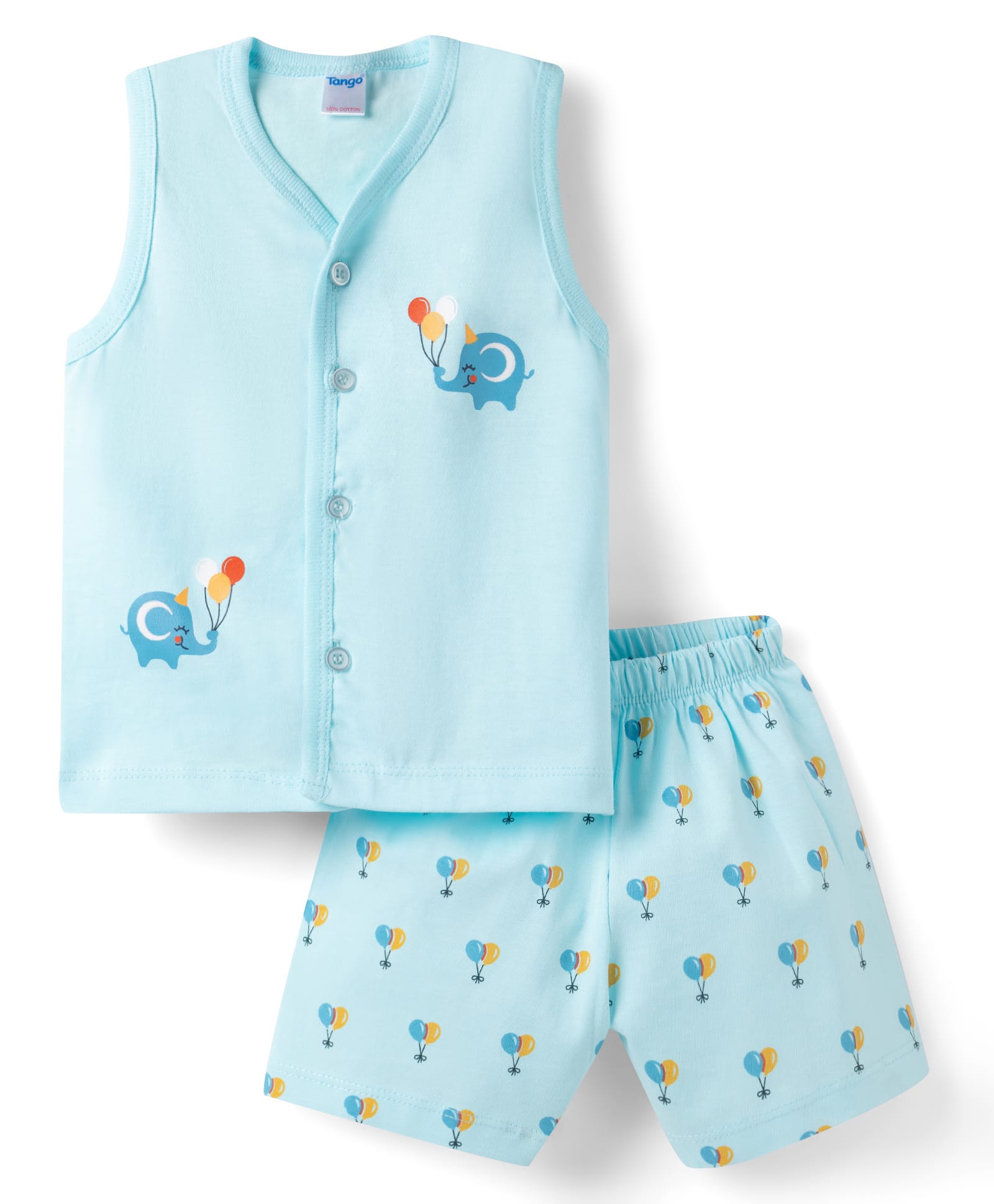 Tango Single Jersey Knit Sleeveless T-Shirt & Shorts Night-Suit With Elephant & Balloon Print - Aqua Blue-image-37