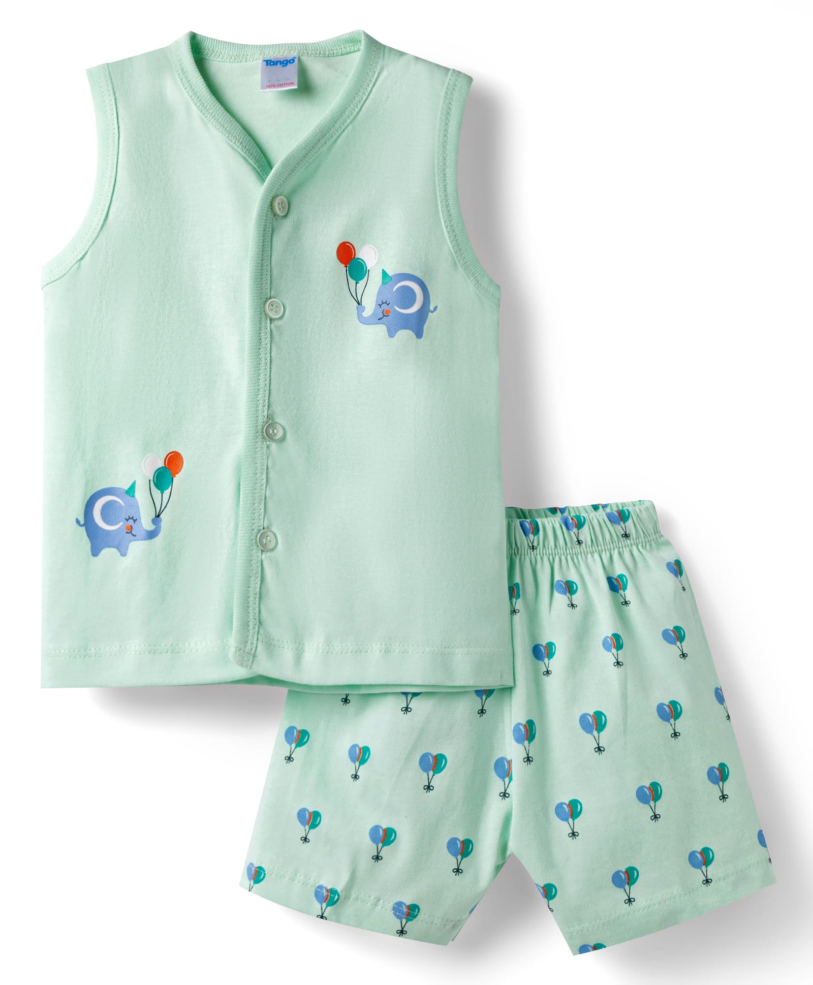 Tango Single Jersey Knit Sleeveless T-Shirt & Shorts Night-Suit With Elephant & Balloon Print - Green-picture-13