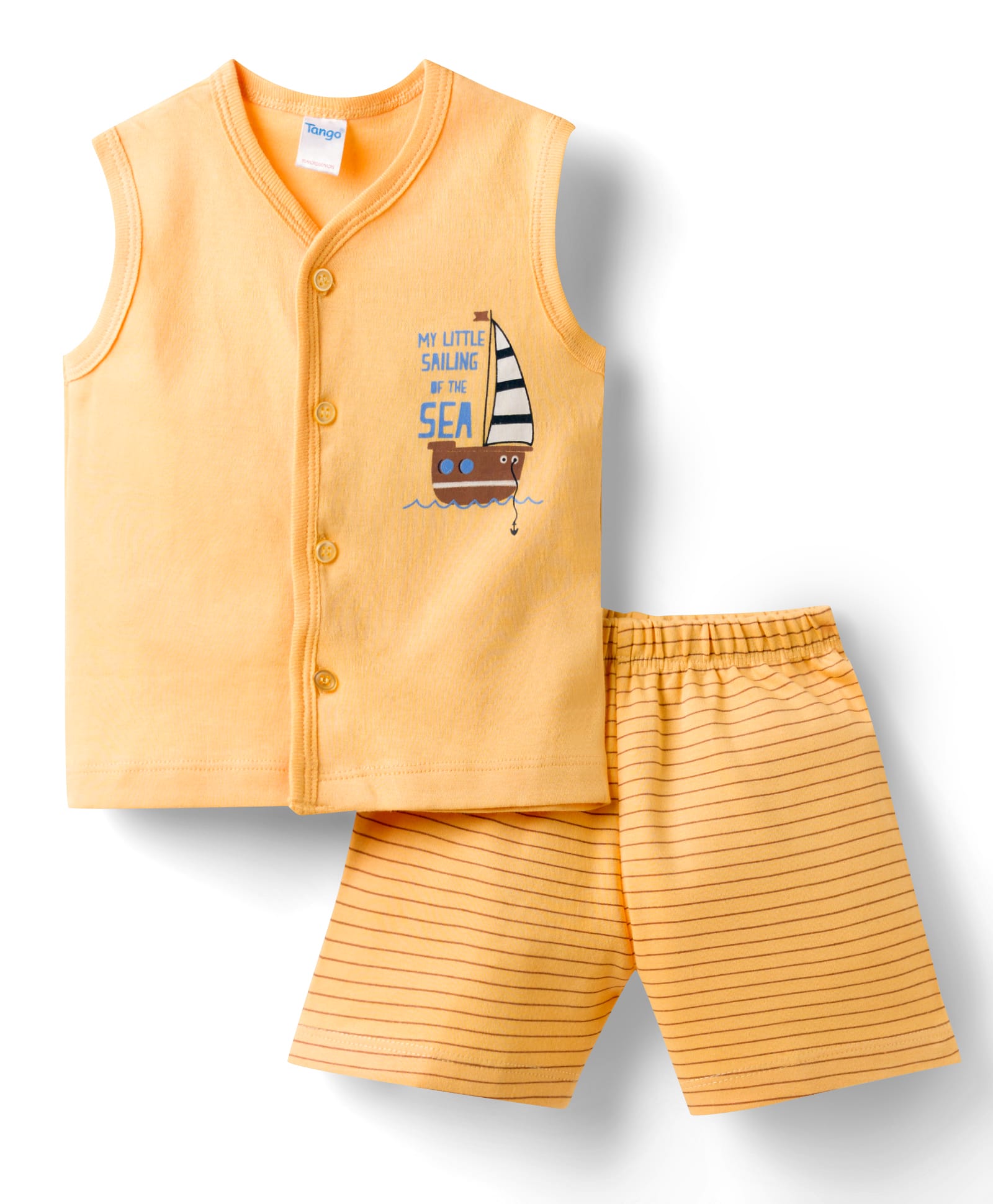 Tango Interlock Knit Sleeveless T-Shirt & Striped Shorts Night-Suit With Boat Print - Golden-image-44