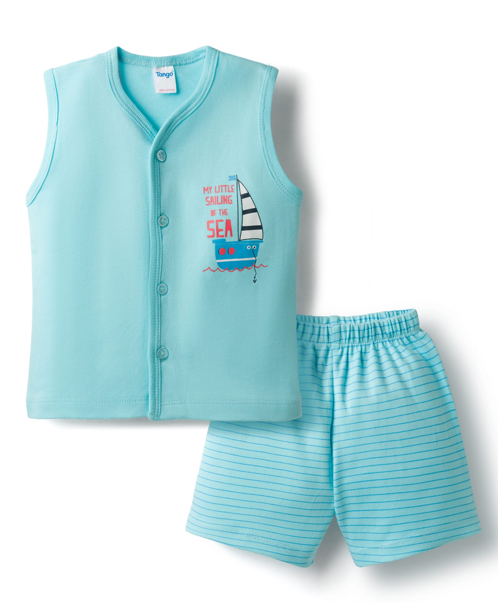 Tango Interlock Knit Sleeveless T-Shirt & Striped Shorts Night-Suit With Boat Print - Light Blue-image-46