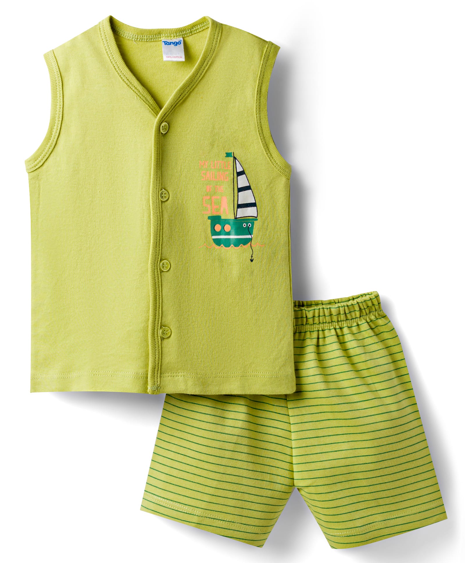 Tango Interlock Knit Sleeveless T-Shirt & Striped Shorts Night-Suit With Boat Print - Green-image-35
