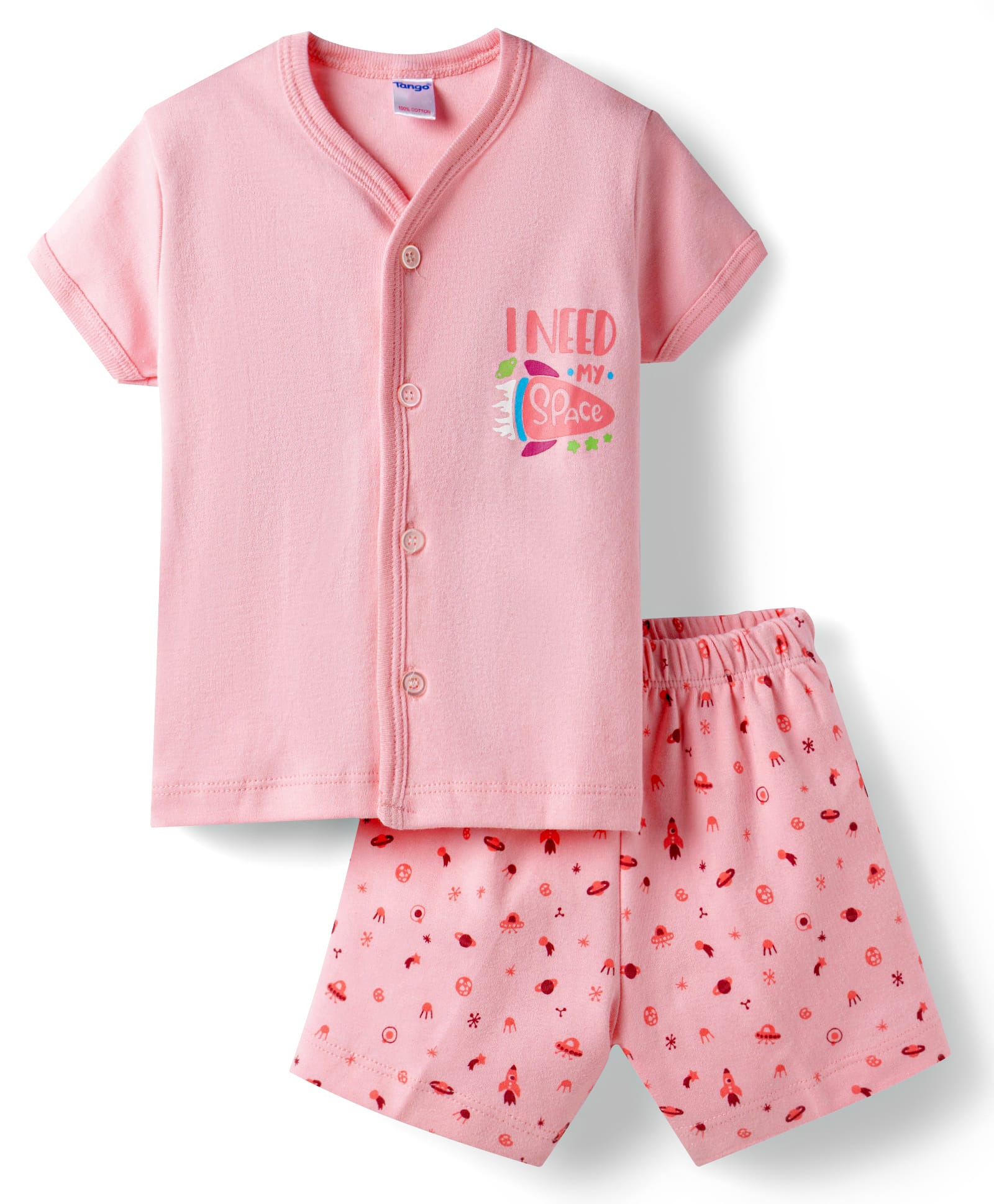 Tango Interlock Knit Half Sleeves T-Shirt & Shorts Night-Suit With Rocket Print - Pink-picture-44