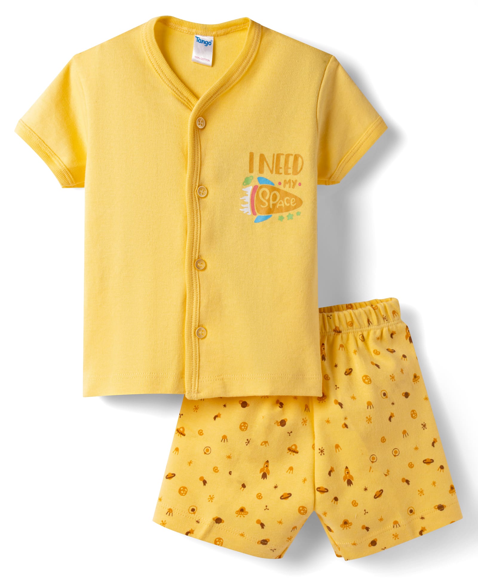 Tango Interlock Knit Half Sleeves T-Shirt & Shorts Night-Suit With Rocket Print - Yellow-picture-17