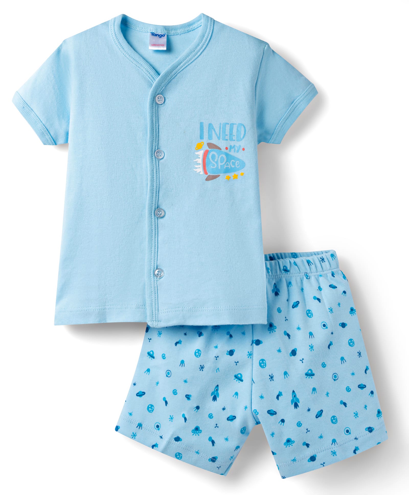 Tango Interlock Knit Half Sleeves T-Shirt & Shorts Night-Suit With Rocket Print - Blue-image-37