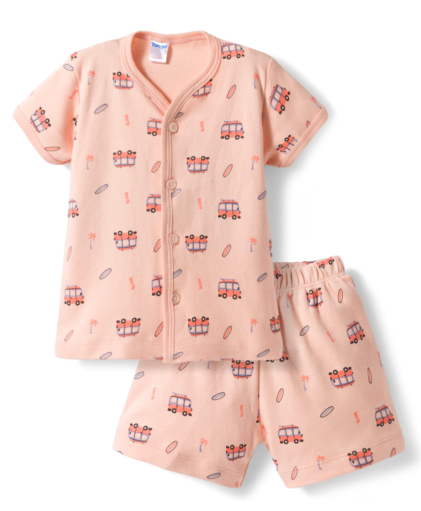Tango Interlock Knit Half Sleeves Co-Ord T-Shirt & Shorts Night-Suit With Bus & Beach Theme Print - Peach-image-22