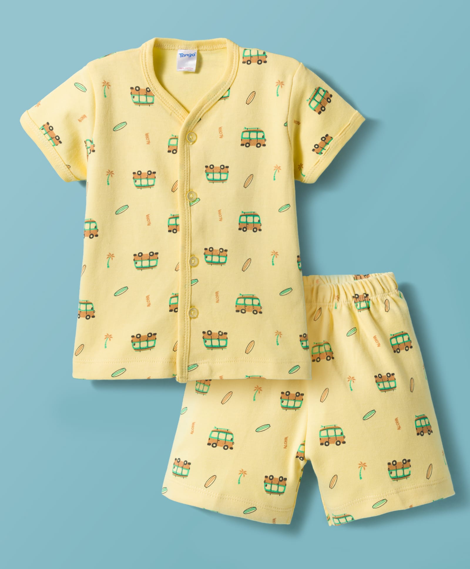 Tango Interlock Knit Half Sleeves Co-Ord T-Shirt & Shorts Night-Suit With Bus & Beach Theme Print - Yellow-image-23