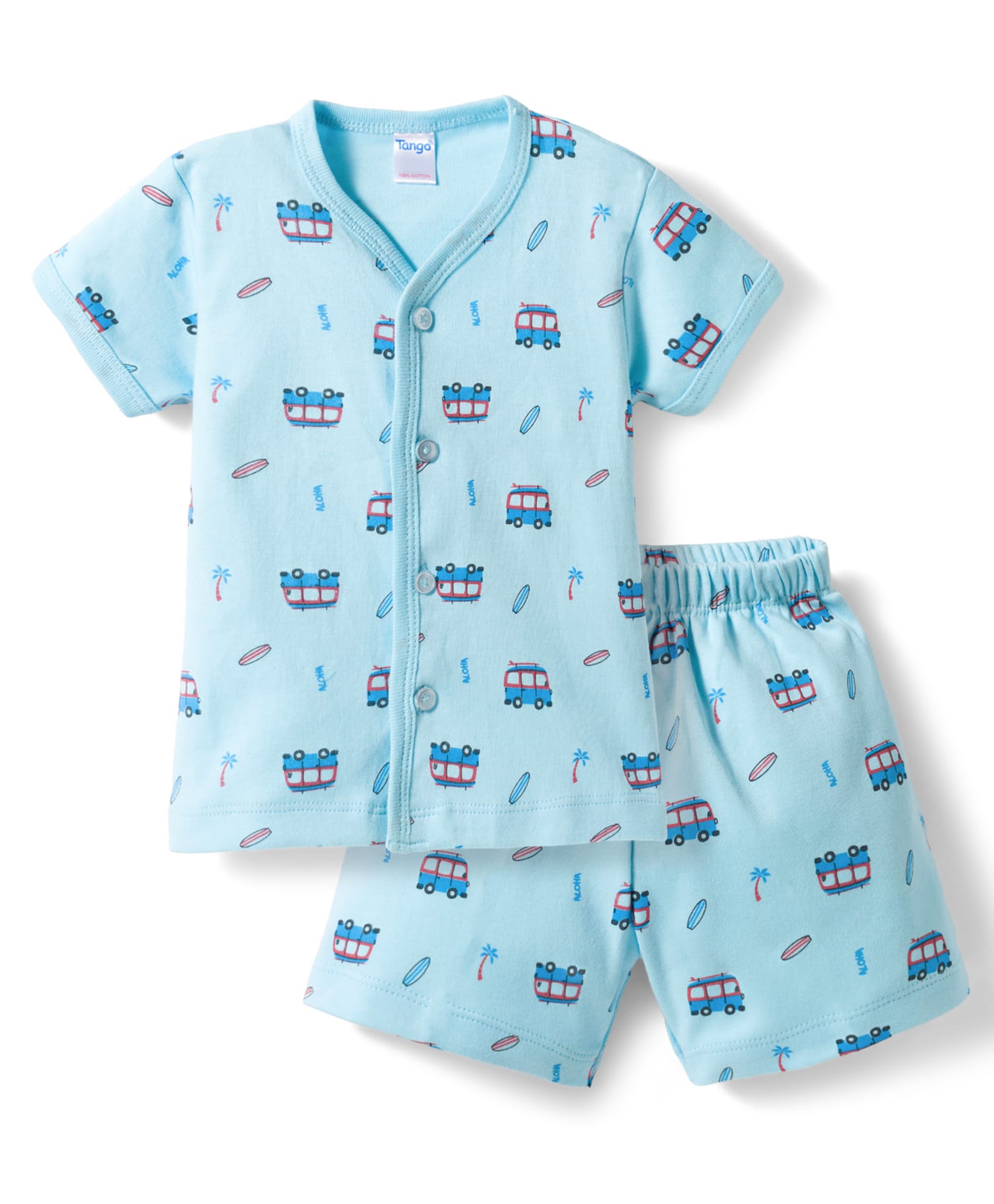 Tango Interlock Knit Half Sleeves Co-Ord T-Shirt & Shorts Night-Suit With Bus & Beach Theme Print - Blue-picture-46