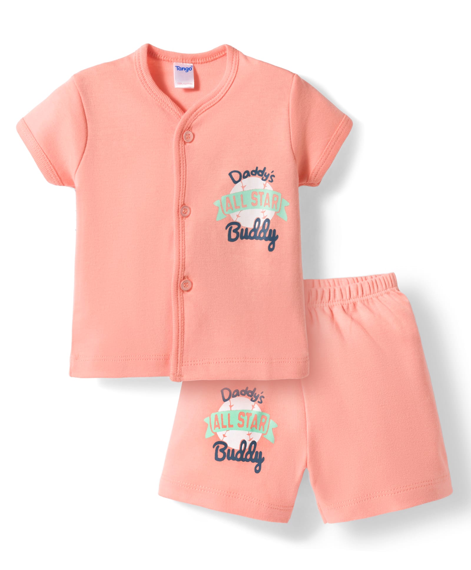 Tango Interlock Knit Half Sleeves T-Shirt & Shorts Night-Suit With Text Print - Coral-image-20