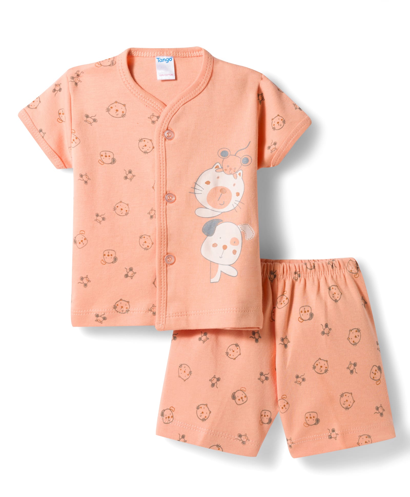 Tango Interlock Knit Half Sleeves T-Shirt & Shorts Night-Suit With Cat Mouse & Dog Print - Orange-image-30