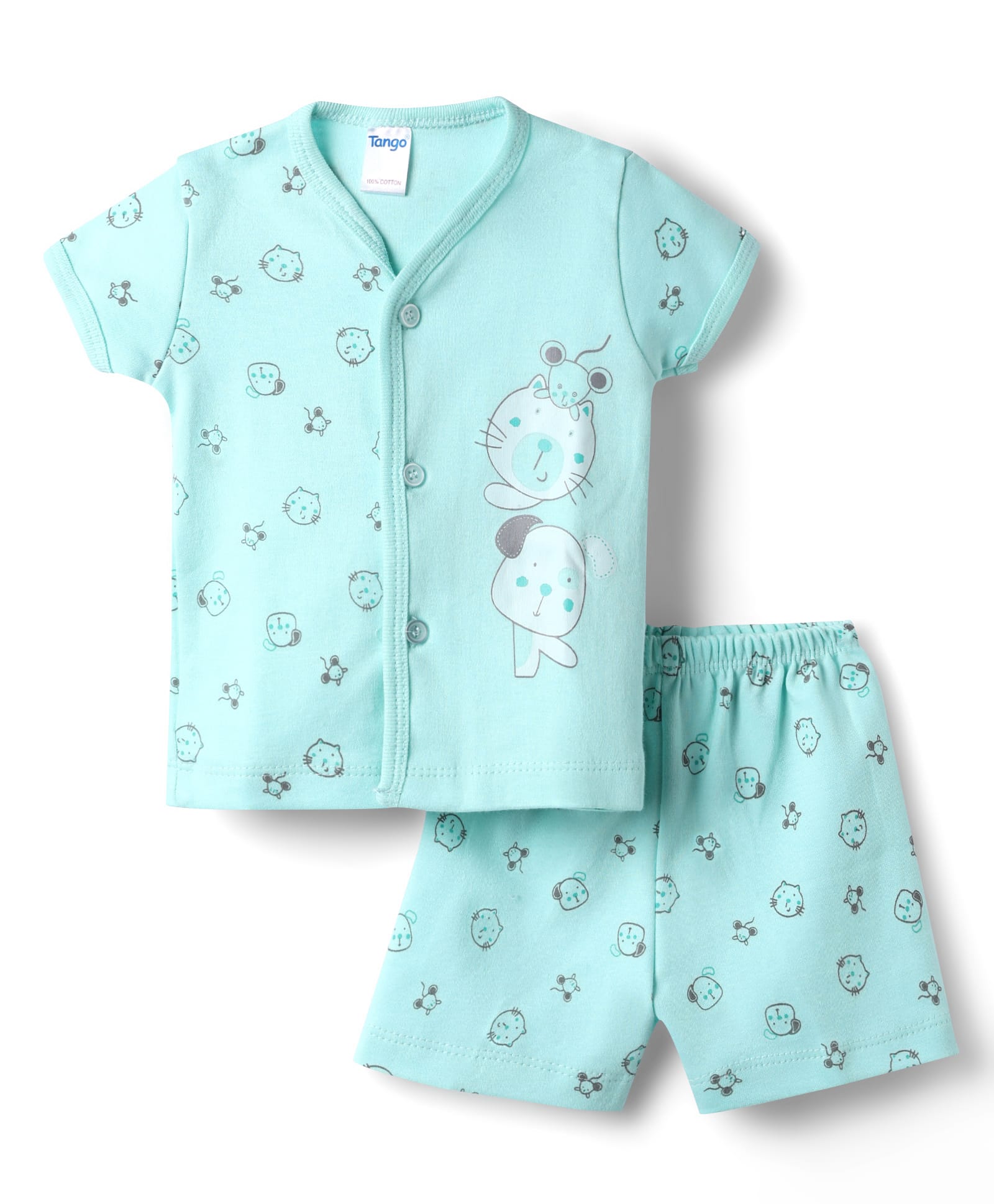 Tango Interlock Knit Half Sleeves T-Shirt & Shorts Night-Suit With Cat Mouse & Dog Print - Green-image-31