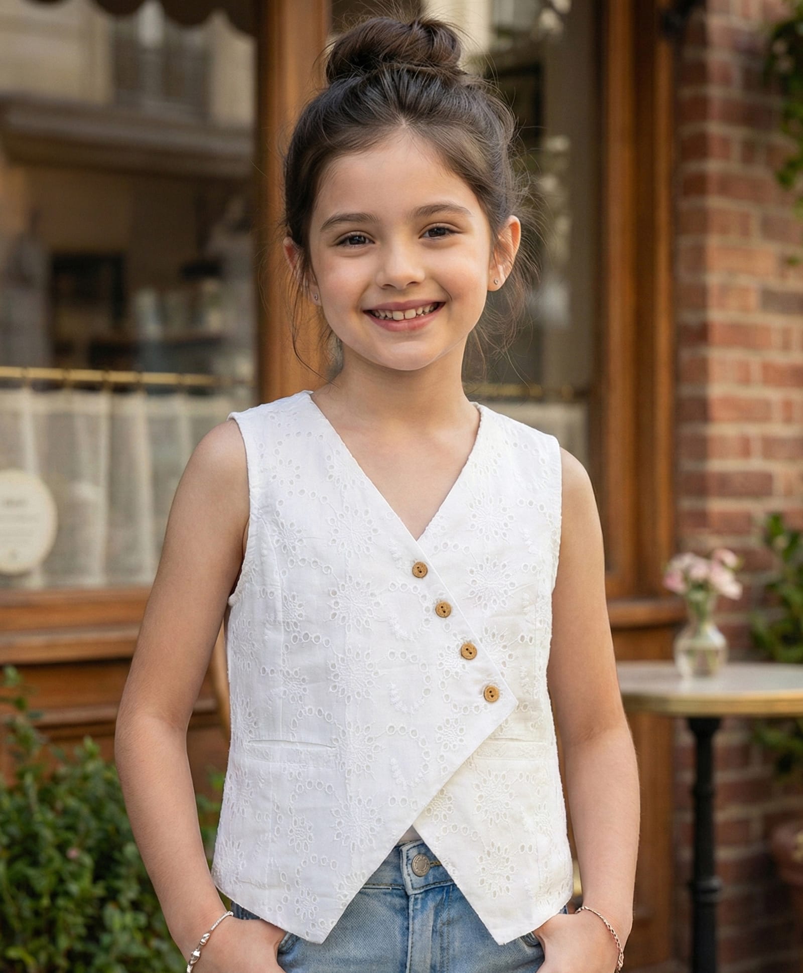 arias by lara dutta Arias 100% Cotton Woven Sleeveless Floral Embroidered Waistcoat Top - White-picture-23