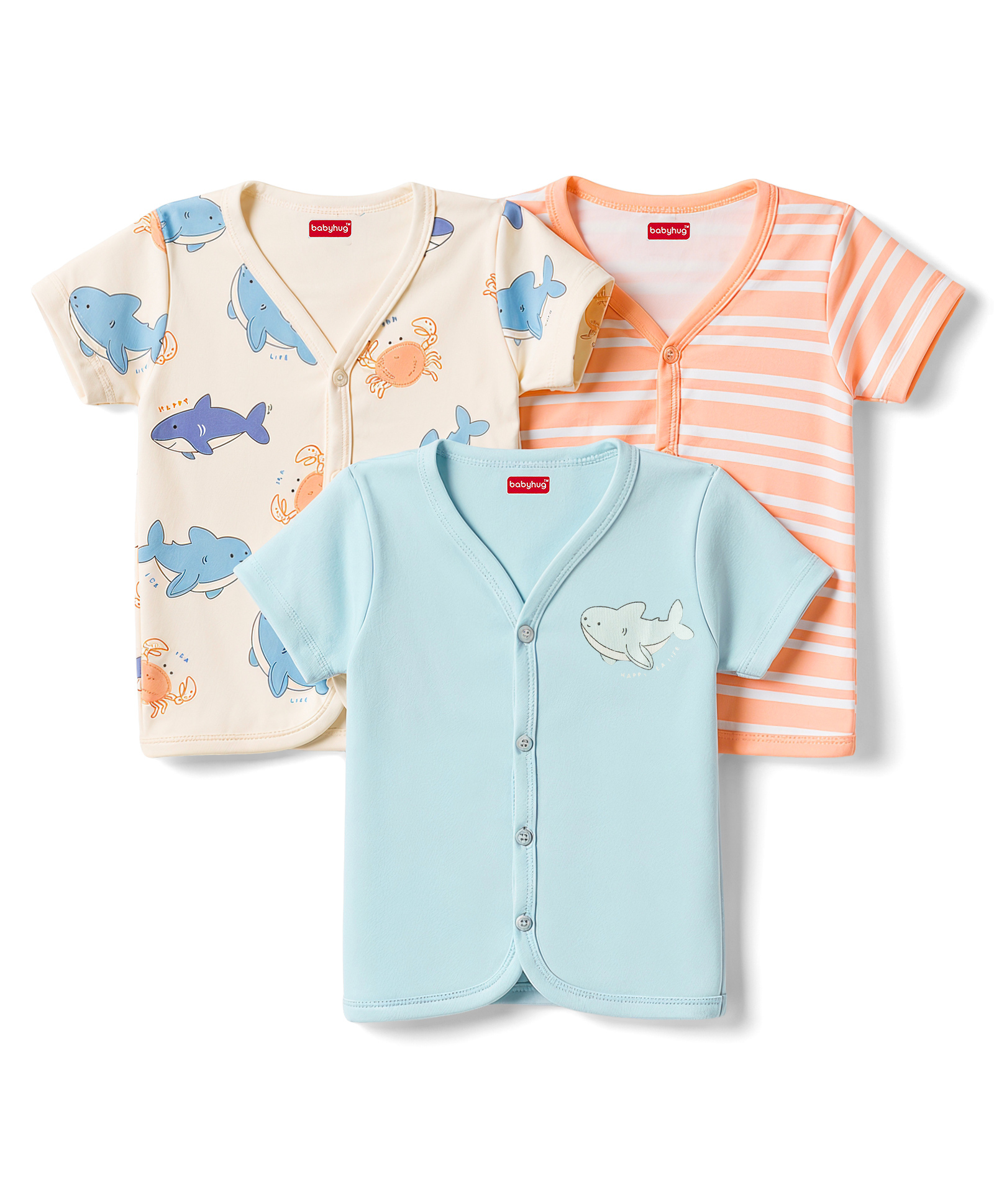 Babyhug 100% Cotton Knit Half Sleeves Stripes & Sea Life Printed Jhablas Pack of 3 - Multicolor-picture-15