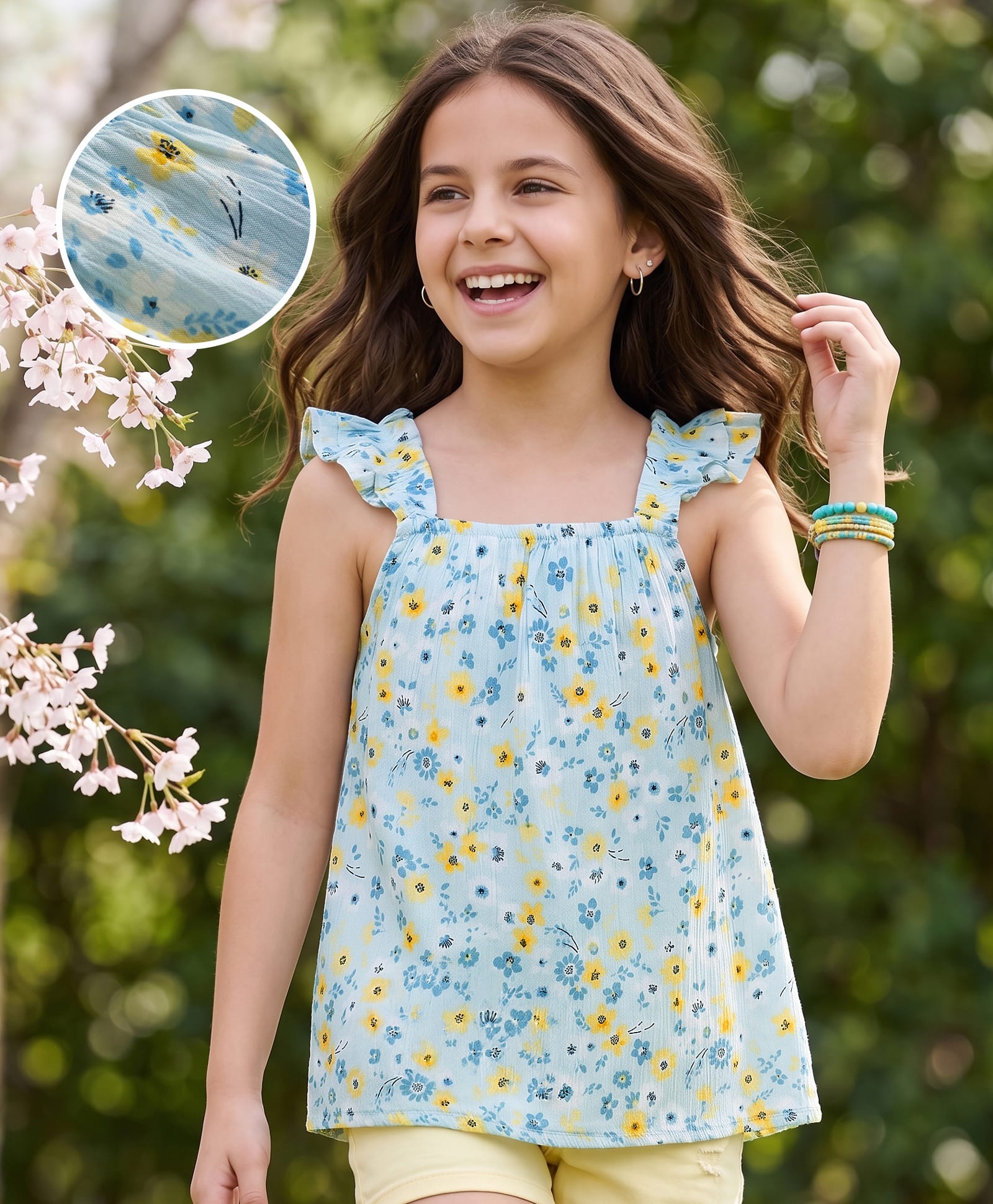 Arias Rayon Woven Sleeveless Floral Printed Top With Frill - Light Blue-image-41