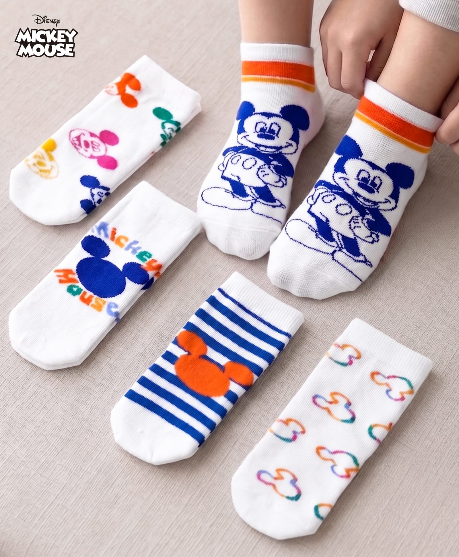 Cute Walk by Babyhug Disney Non Terry Knit Anti-Bacterial Socks with Mickey Mouse Graphic Pack of 5 - White-image-19