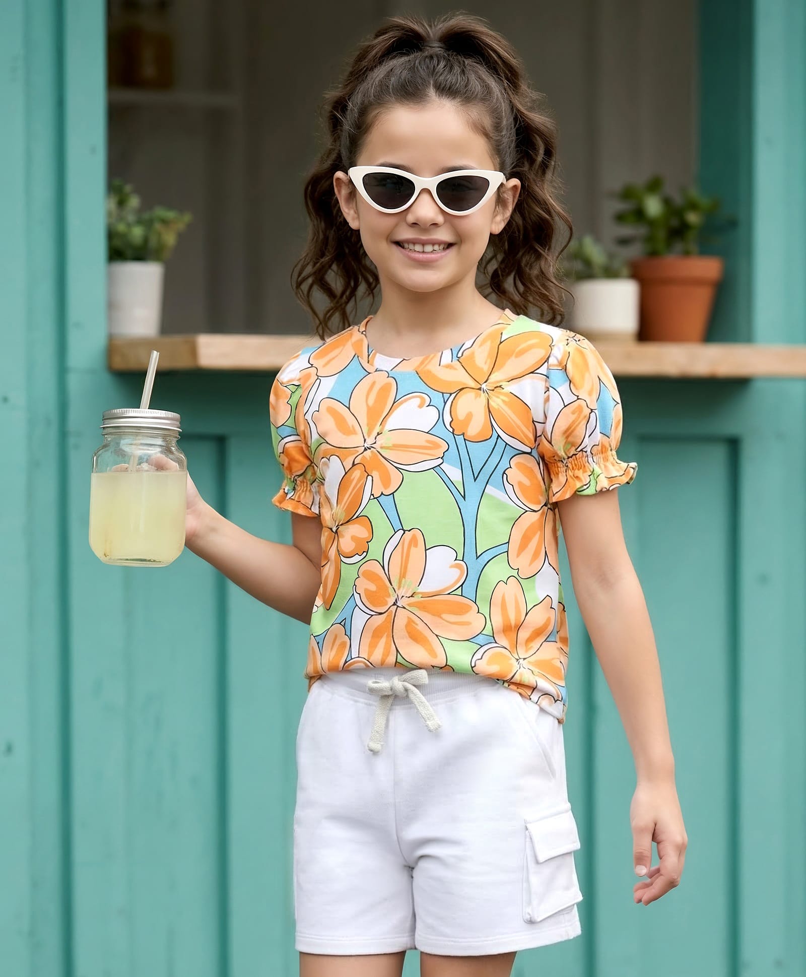 OLLINGTON ST. Cotton Knit Half Sleeves Floral Printed Top & Shorts - Multicolour & White-picture-12