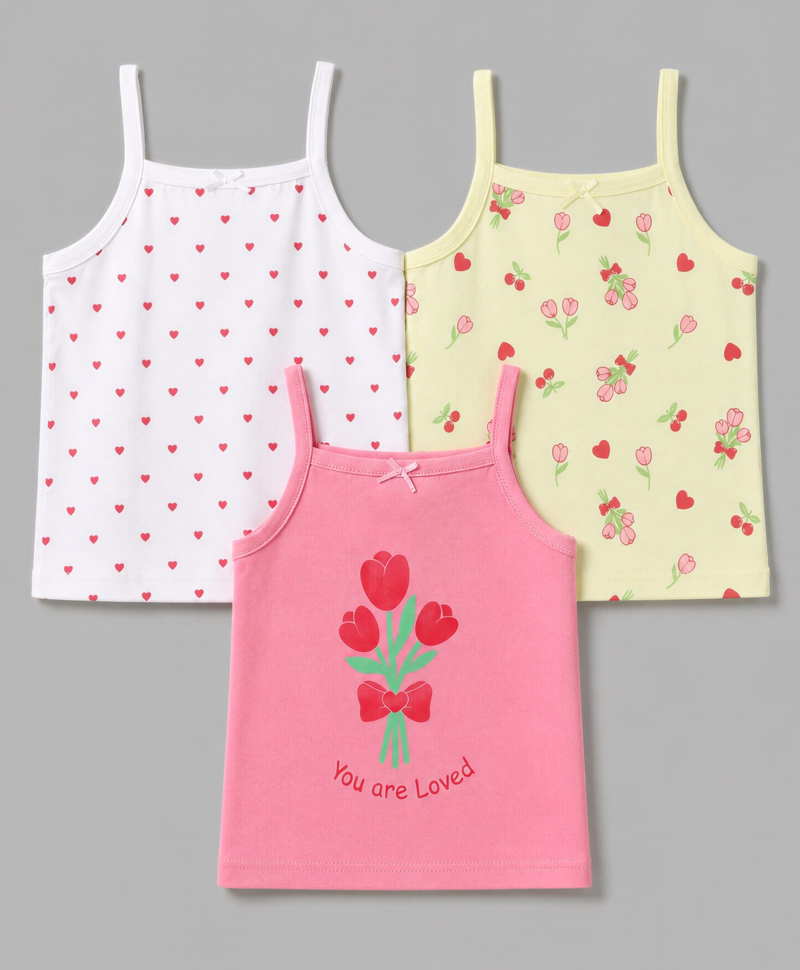 Babyoye Cotton Elastane Knit Sleeveless Floral & Hearts Printed Slips Pack Of 3 - Pink White & Cream-picture-40