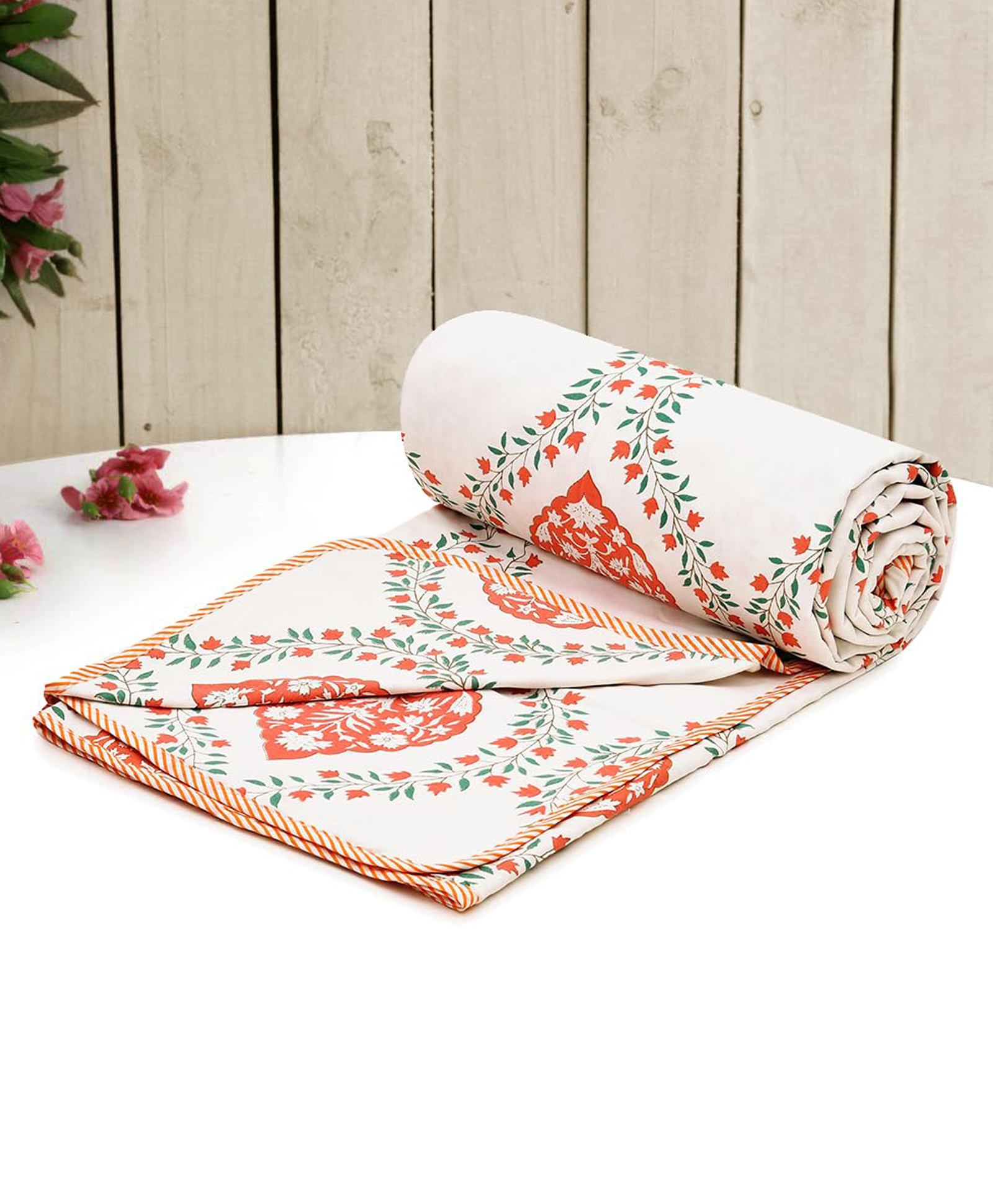 RRC Floral Cotton Single Dohar- Orange and White-image-23