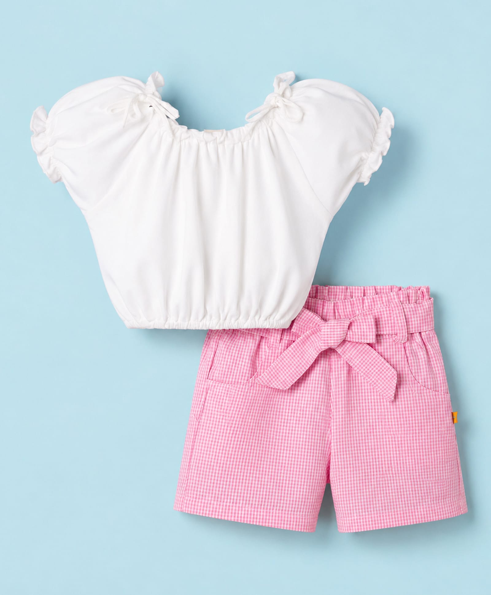Dew Drops Cotton Woven Half Sleeves Top & Checks Short Set - White & Pink-image-36