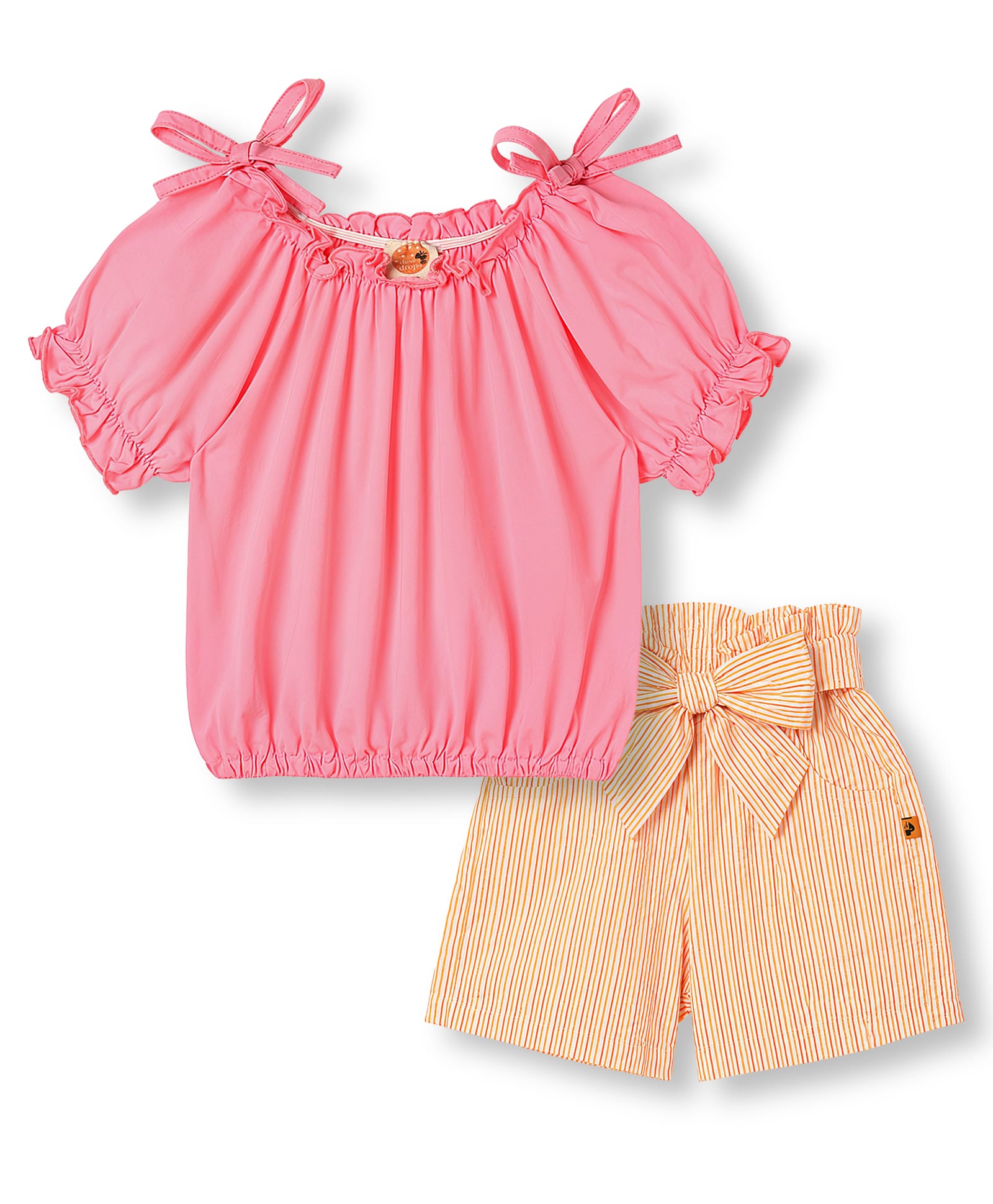Dew Drops Cotton Woven Half Sleeves Top & Striped Short Set - Pink & Peach-image-47
