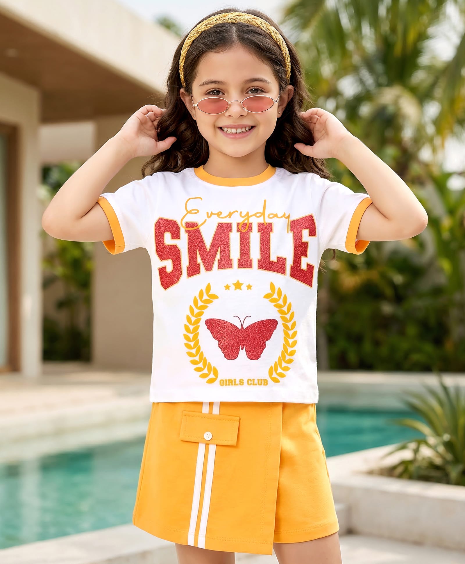 OLLINGTON ST. Cotton Knit Half Sleeve Top With Print & Skirt Set - White & Yellow-picture-15