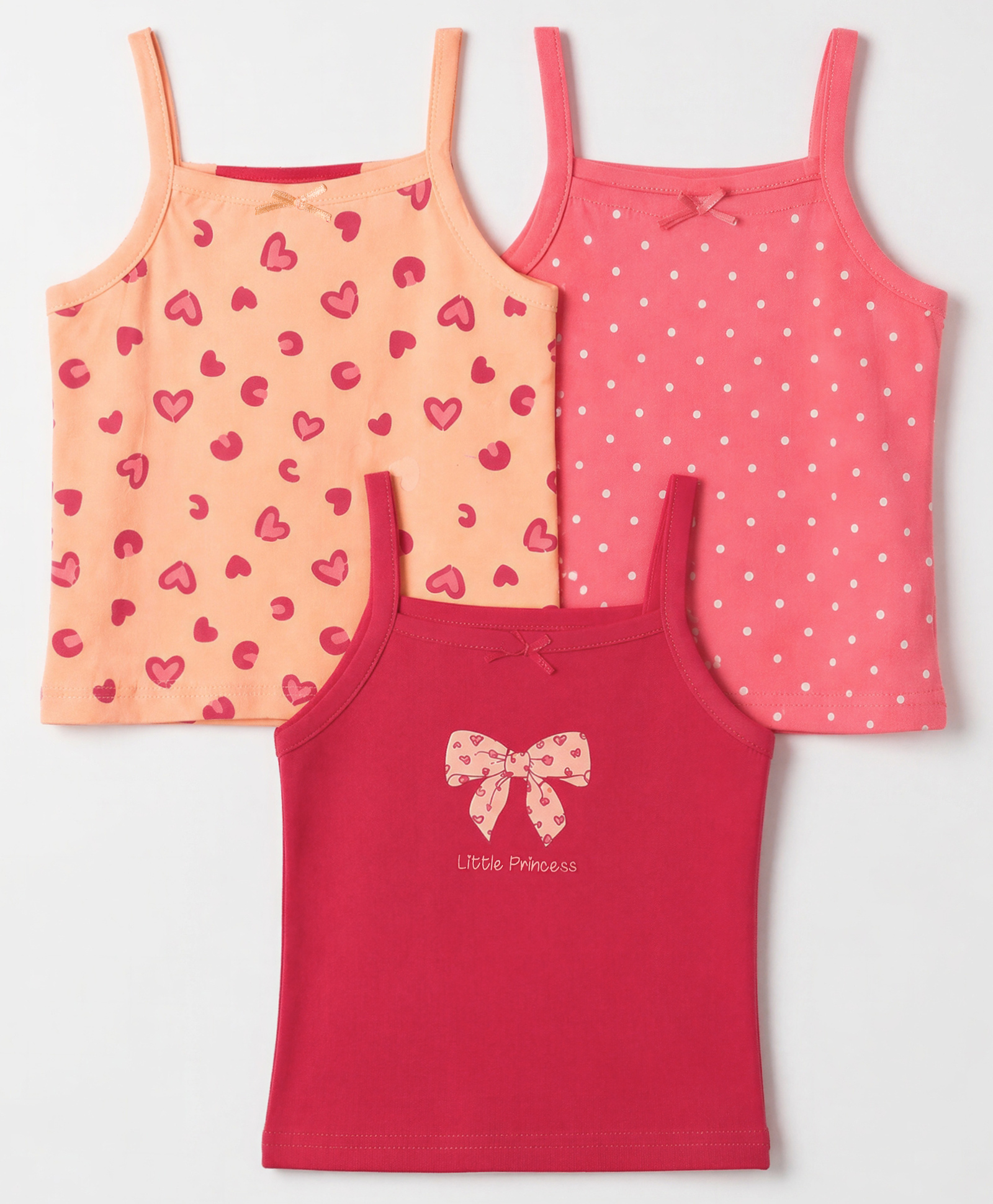 Babyoye Cotton Elastane Knit Sleeveless Polka Dots Hearts & Bow Printed Slips Pack of 3 - Pink Orange & Red-image-34