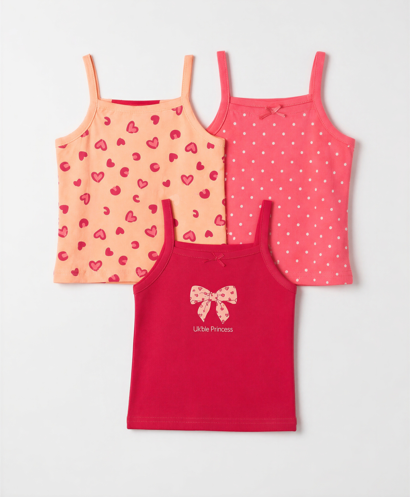 Babyoye Cotton Elastane Knit Sleeveless Polka Dots Hearts & Bow Printed Slips Pack of 3 - Pink Orange & Red-picture-21
