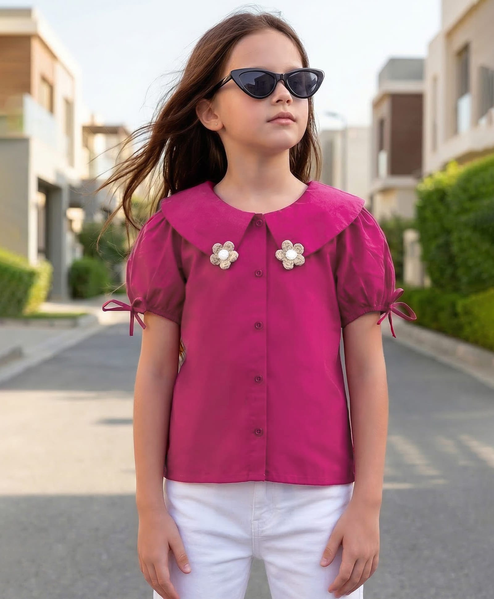 arias by lara dutta Arias 100% Cotton Woven Half Sleeves Top With Floral Embroidery & Bow Detailing - Fuchsia-picture-20