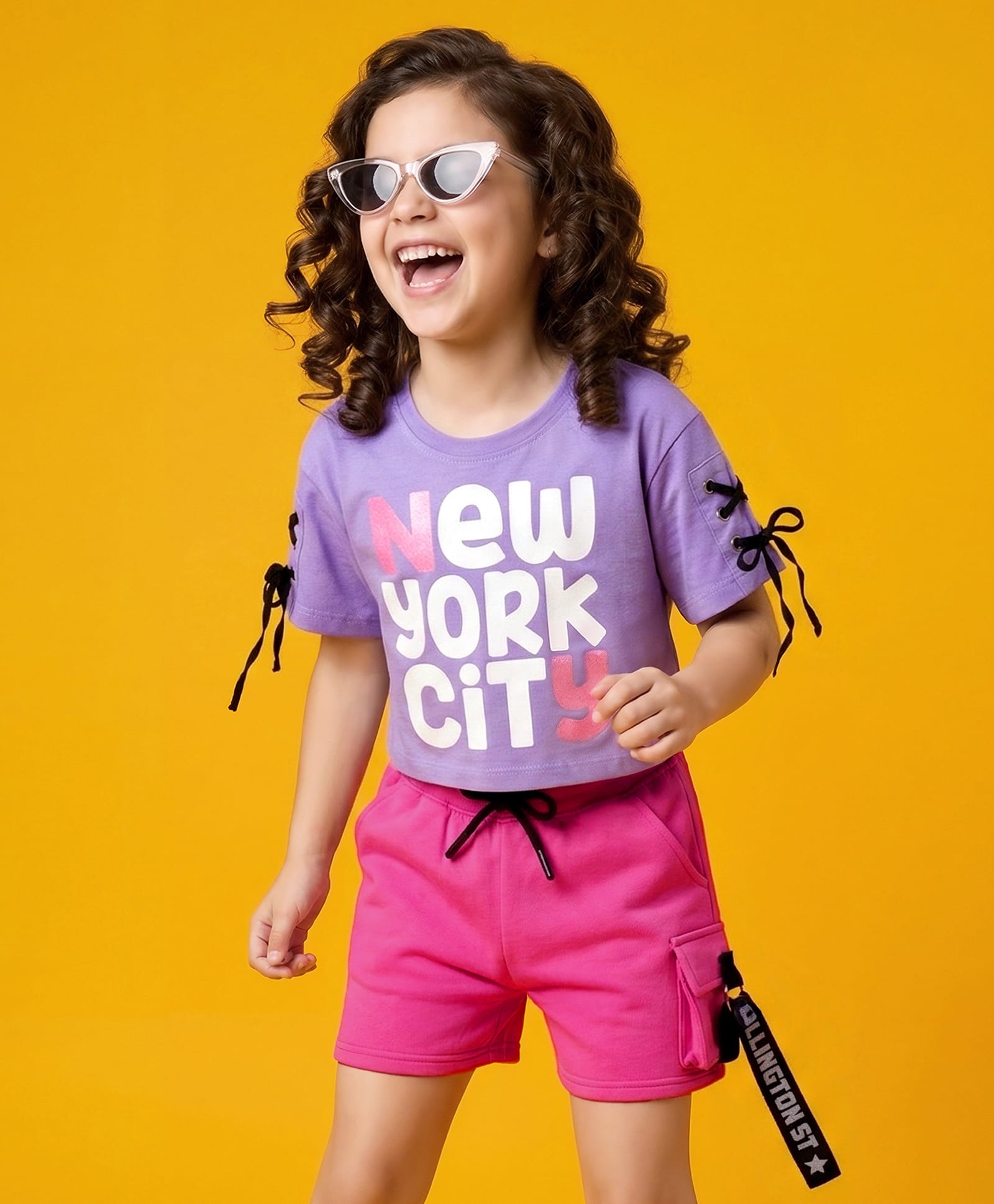 OLLINGTON ST. Cotton Knit Half Sleeves Top & Shorts Set with New York Print - Purple & Pink-image-29