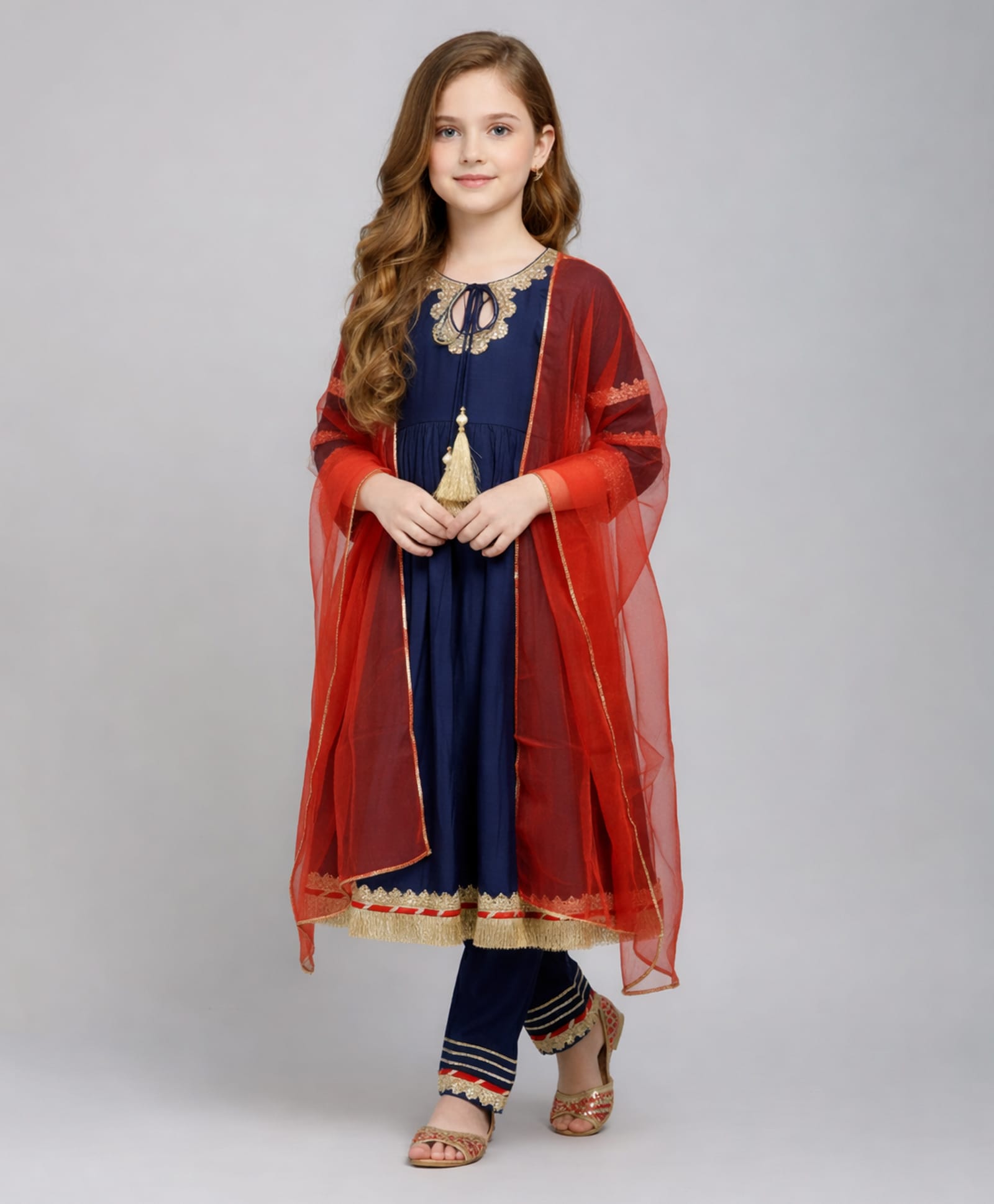 The Magic Wand Woven Three Fourth Sleeves Lace Embellished Kurti & Pant Set With Dupatta - Navy Blue-picture-19