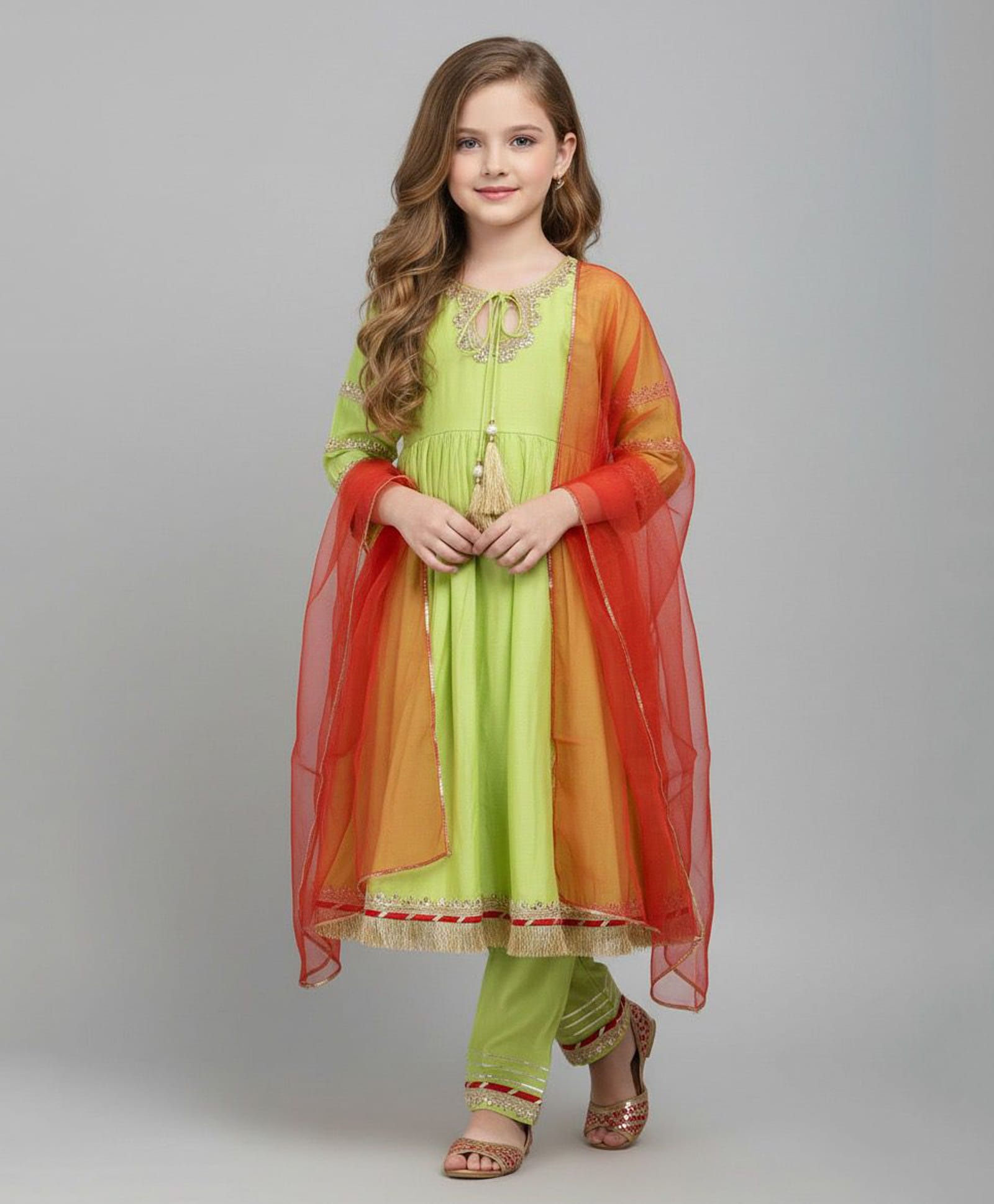 The Magic Wand Woven Three Fourth Sleeves Lace Embellished Kurti & Pant Set With Dupatta - Green-picture-35