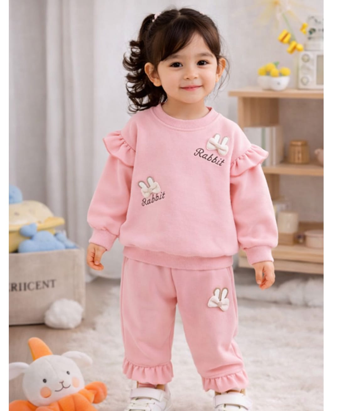 Little Surprise Box Blended Woven Full Sleeves Rabbit Applique Detailed Winter Sweatshirt & Pant Set - Pink-image-33