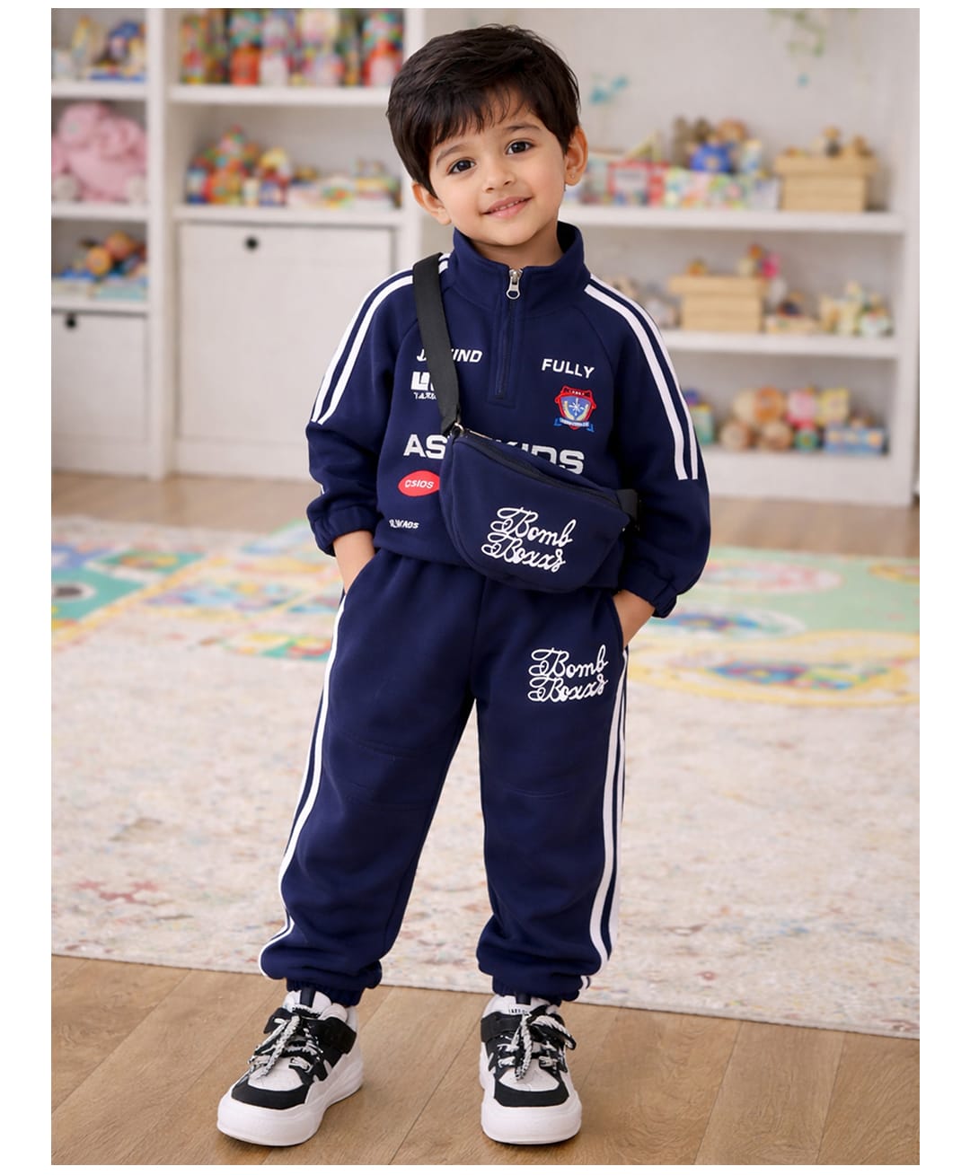 Little Surprise Box Blended Woven Full Sleeves Typography Printed Winter Sweatshirt & Joggers Set - Navy Blue-picture-27