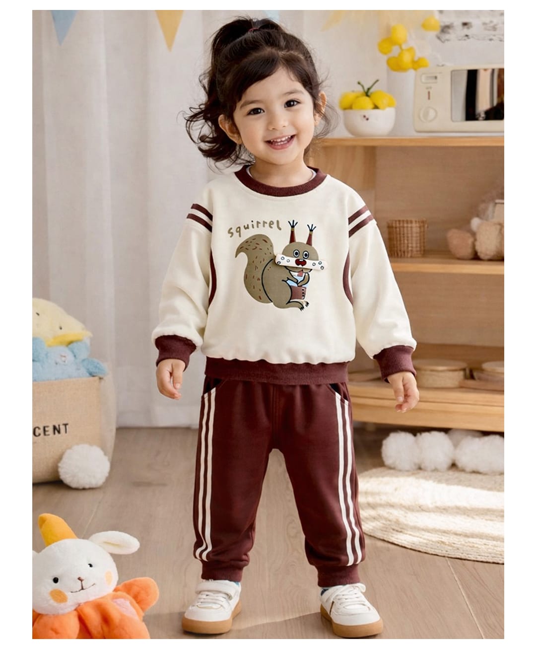 Little Surprise Box Blended Woven Full Sleeves Squirrel Printed Winter Sweatshirt & Joggers Set - Brown-image-42