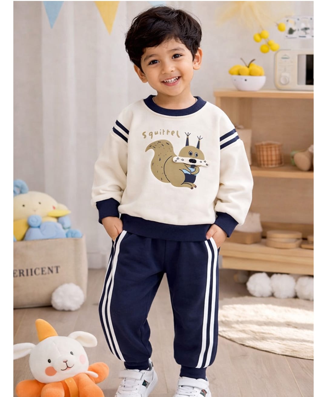 Little Surprise Box Blended Woven Full Sleeves Squirrel Printed Winter Sweatshirt & Joggers Set - Navy Blue-picture-41