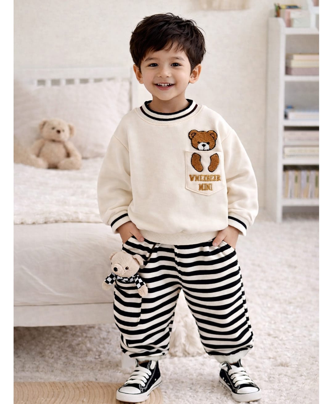 Little Surprise Box Blended Woven Full Sleeves Bear Printed Winter Sweatshirt & Joggers Set - Cream-image-26