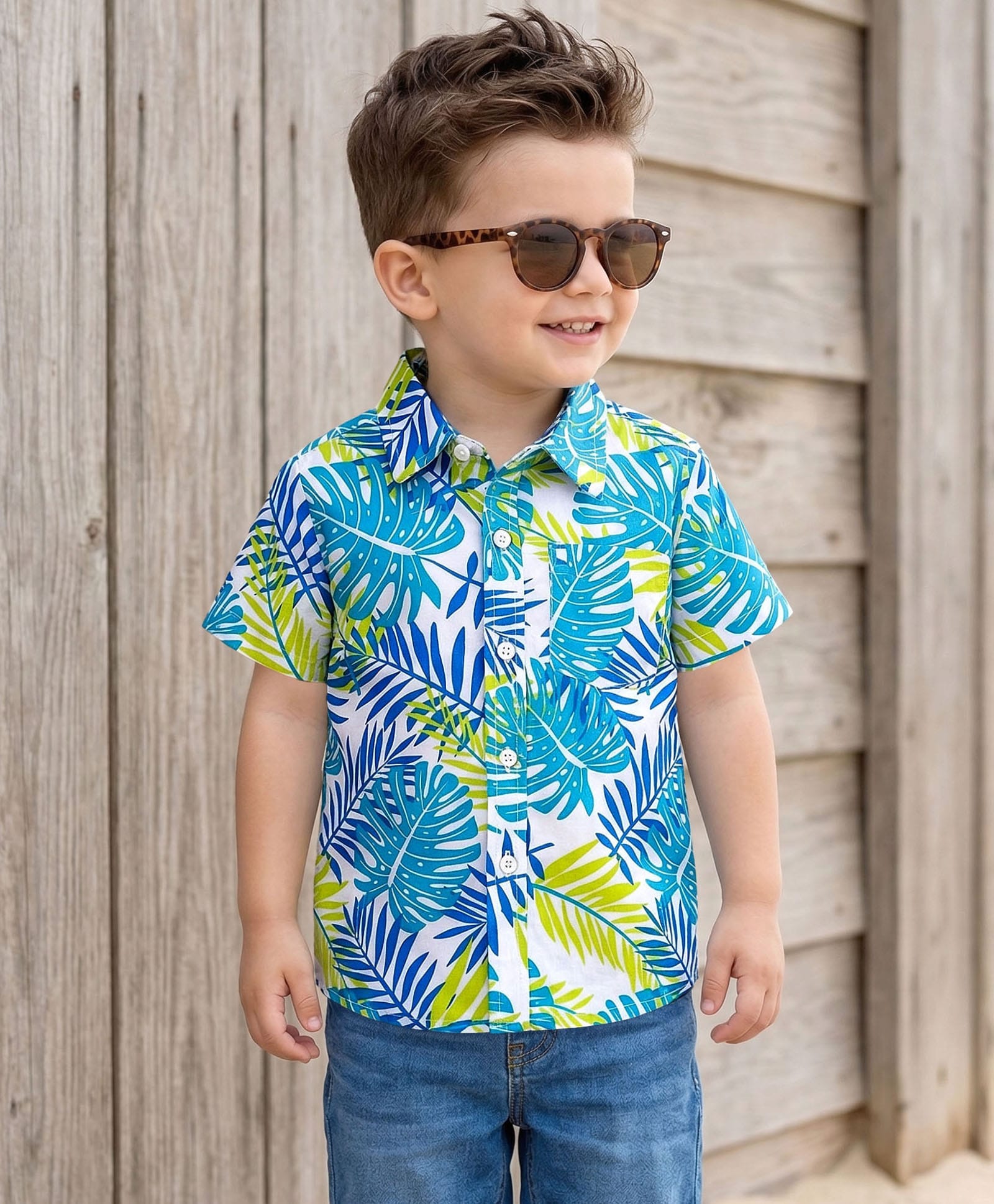 Babyhug Cotton Woven Half Sleeves Tropical Theme Printed Shirt - Blue & Green-image-49