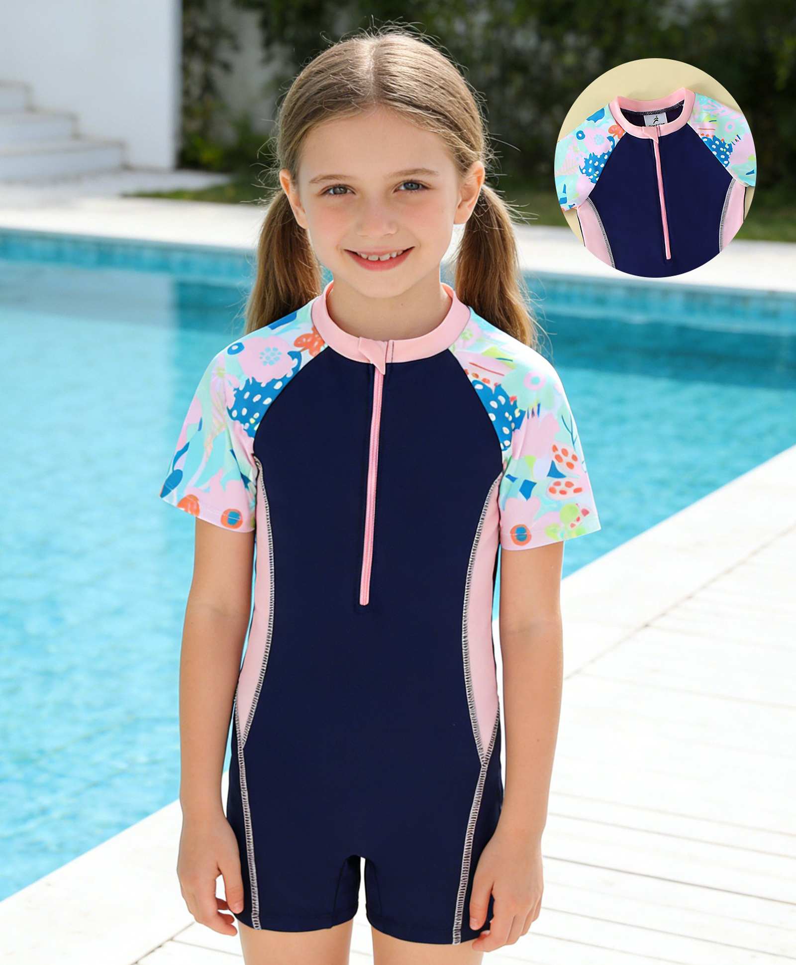 Pine Active Raglan Half Sleeves Floral Printed Legged Swimsuit - Navy Blue-picture-18