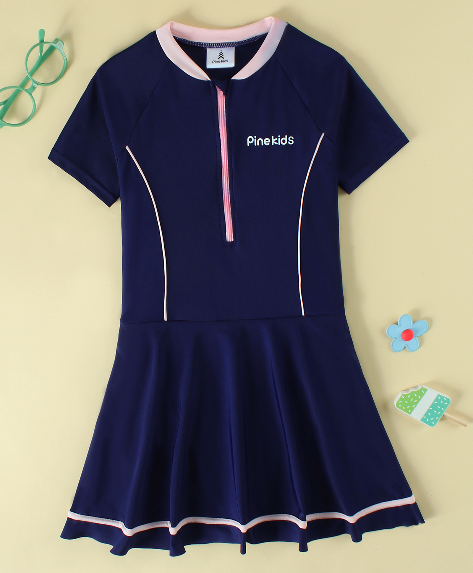 Pine Kids Half Raglan Sleeves Solid Color Frock Swimsuit - Navy Blue-image-25