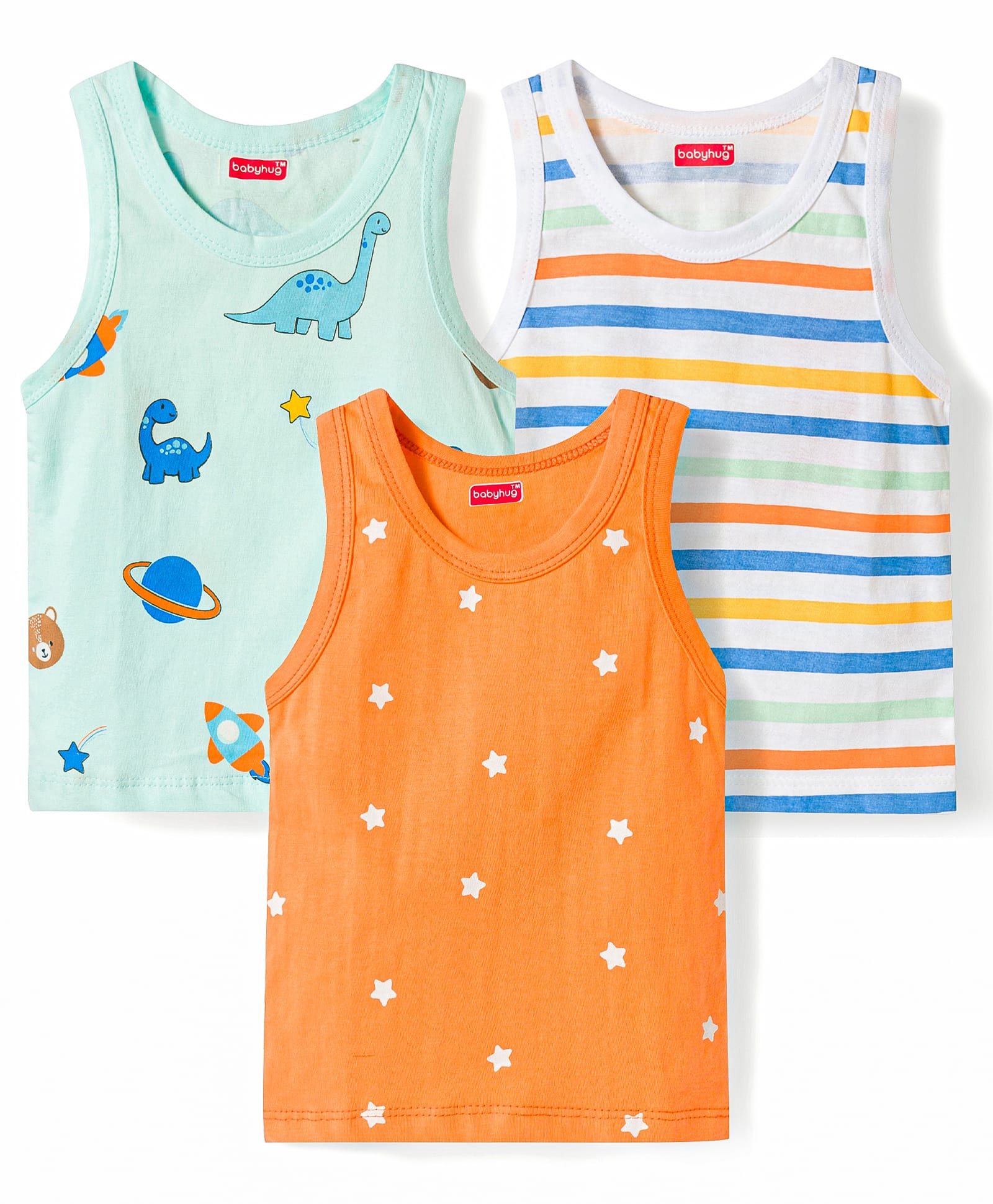 Babyhug Single Jersey 100% Cotton Dino & Star Printed Sleeveless Sandos Pack of 3 - Multicolour-image-4