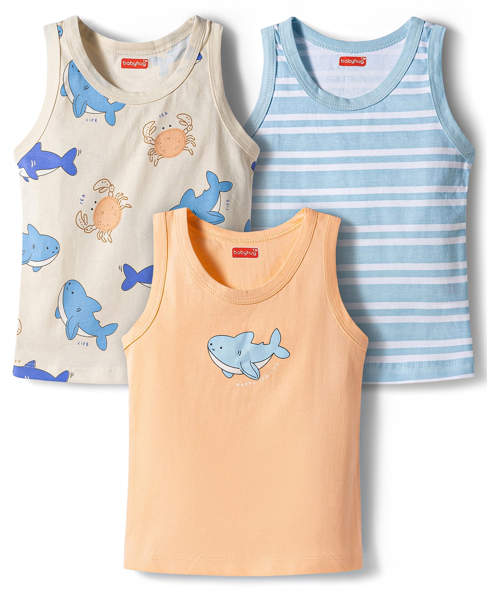 Babyhug 100% Cotton Knit Sleeveless Striped & Sea Life Printed Sando Vests Pack Of 3 - Multicolor-image-27