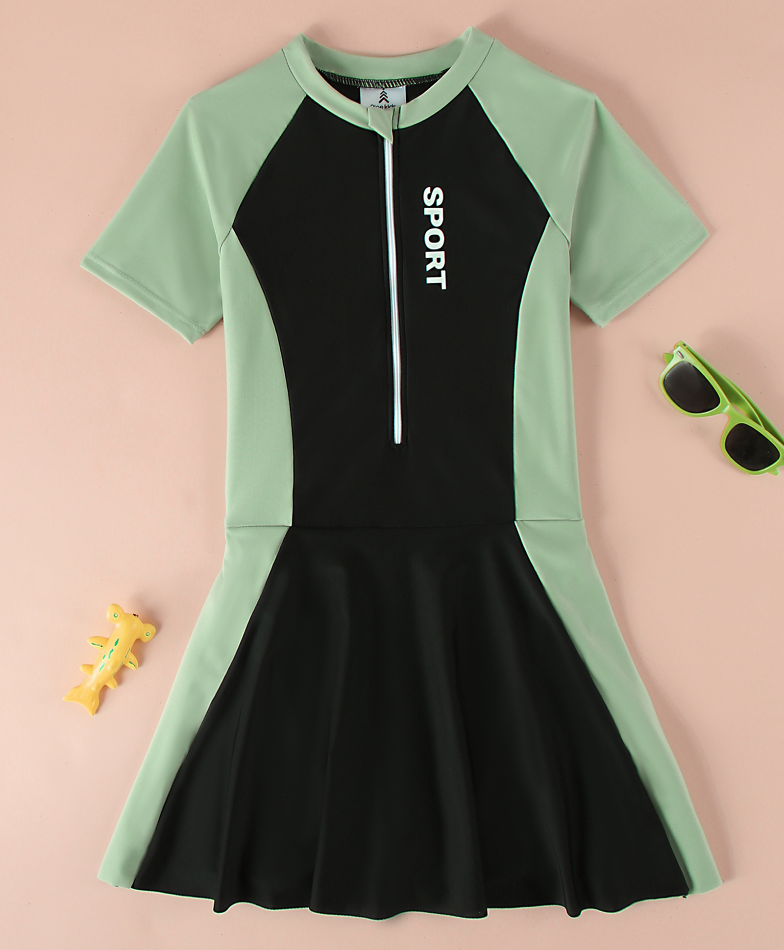 Pine Kids Raglan Half Sleeves Text Printed Frock Swimsuit - Black-image-18
