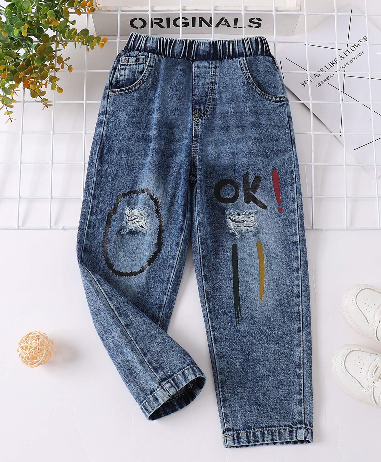 Mark & Mia Full Length Denim Jeans With OK Print & Distressed Pattern - Blue-picture-18