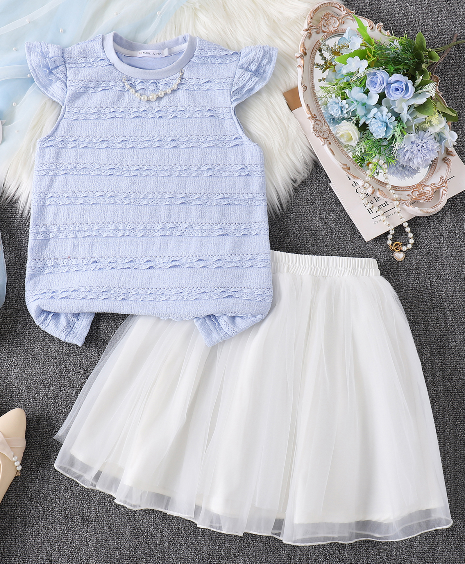 Mark & Mia Frill Sleeves Top & Skirt Set with Lace Detailing - White & Light Blue-image-30